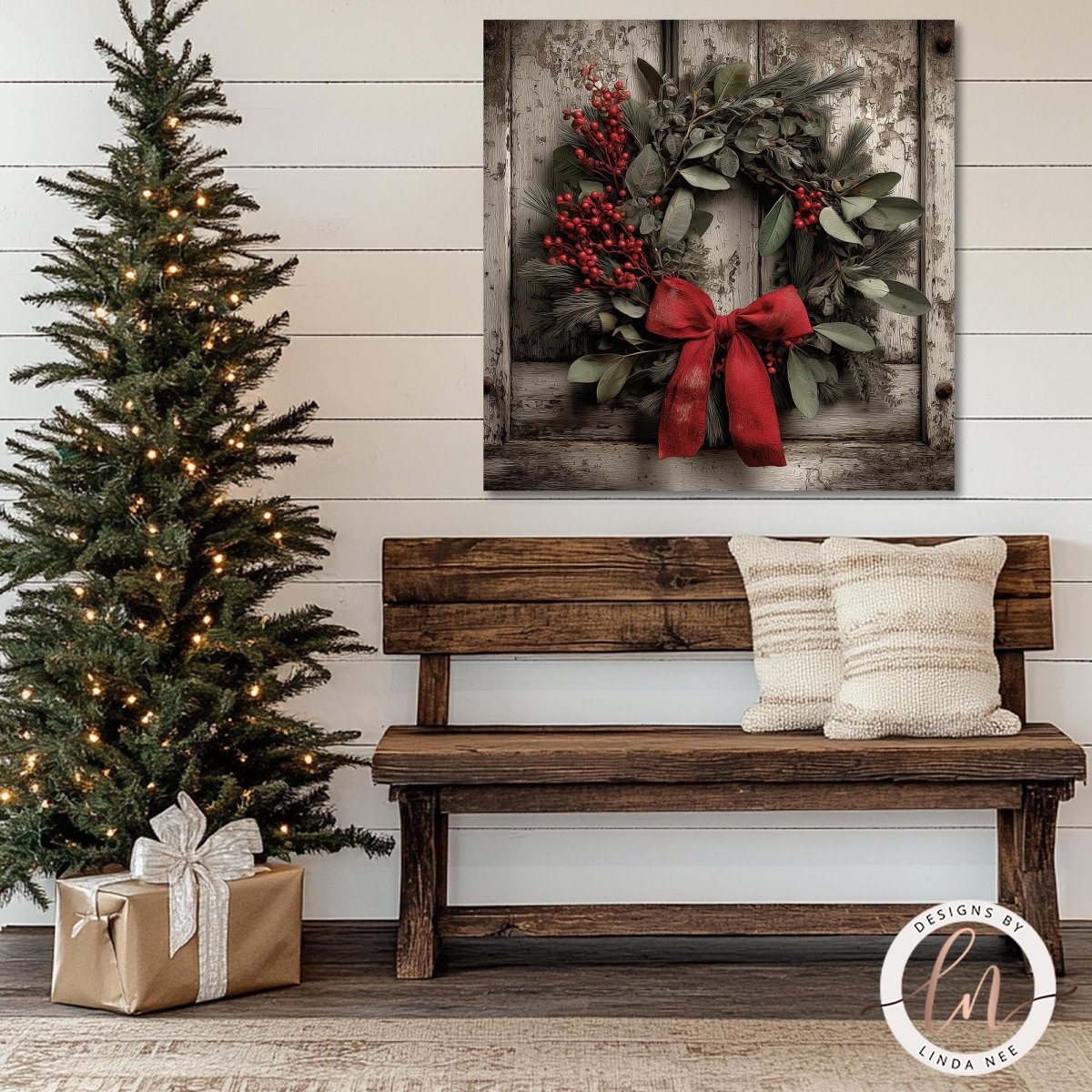 a cozy Christmas scene with a beautifully decorated Christmas tree, a wooden bench with pillows, and a wreath hanging on the wall.