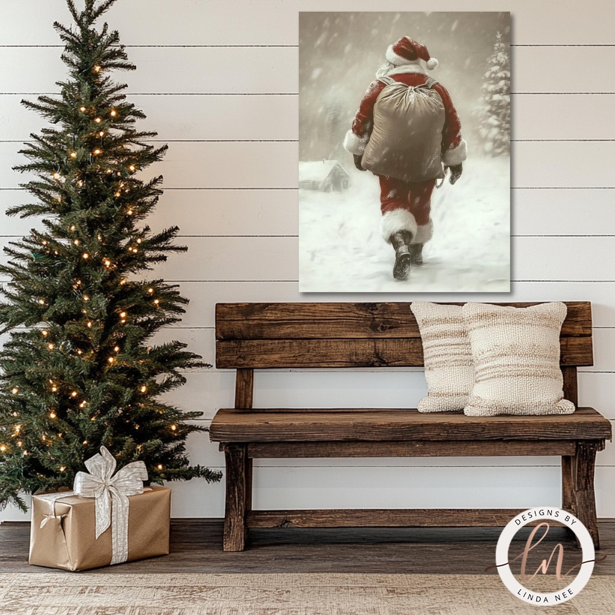 a cozy Christmas scene with a decorated Christmas tree, a wooden bench, and a large framed picture of Santa Claus walking in the snow.