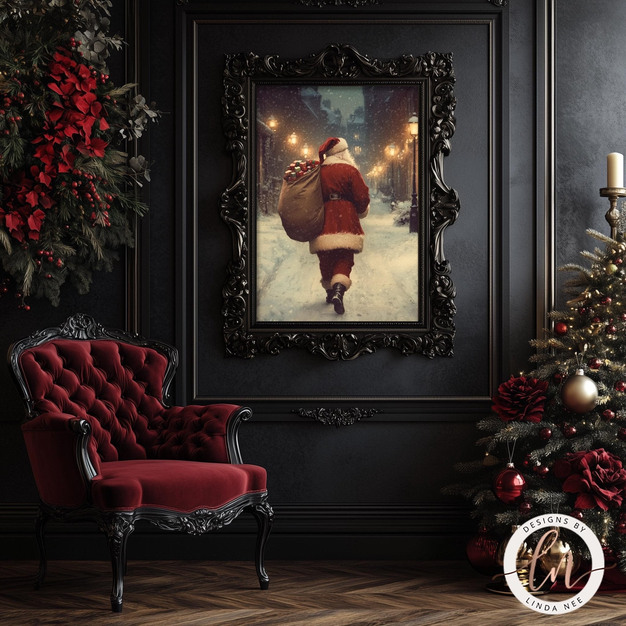a cozy and festive Christmas scene with a framed painting of Santa Claus walking down a snowy street, surrounded by holiday decorations such as a Christmas tree and red poinsettias.