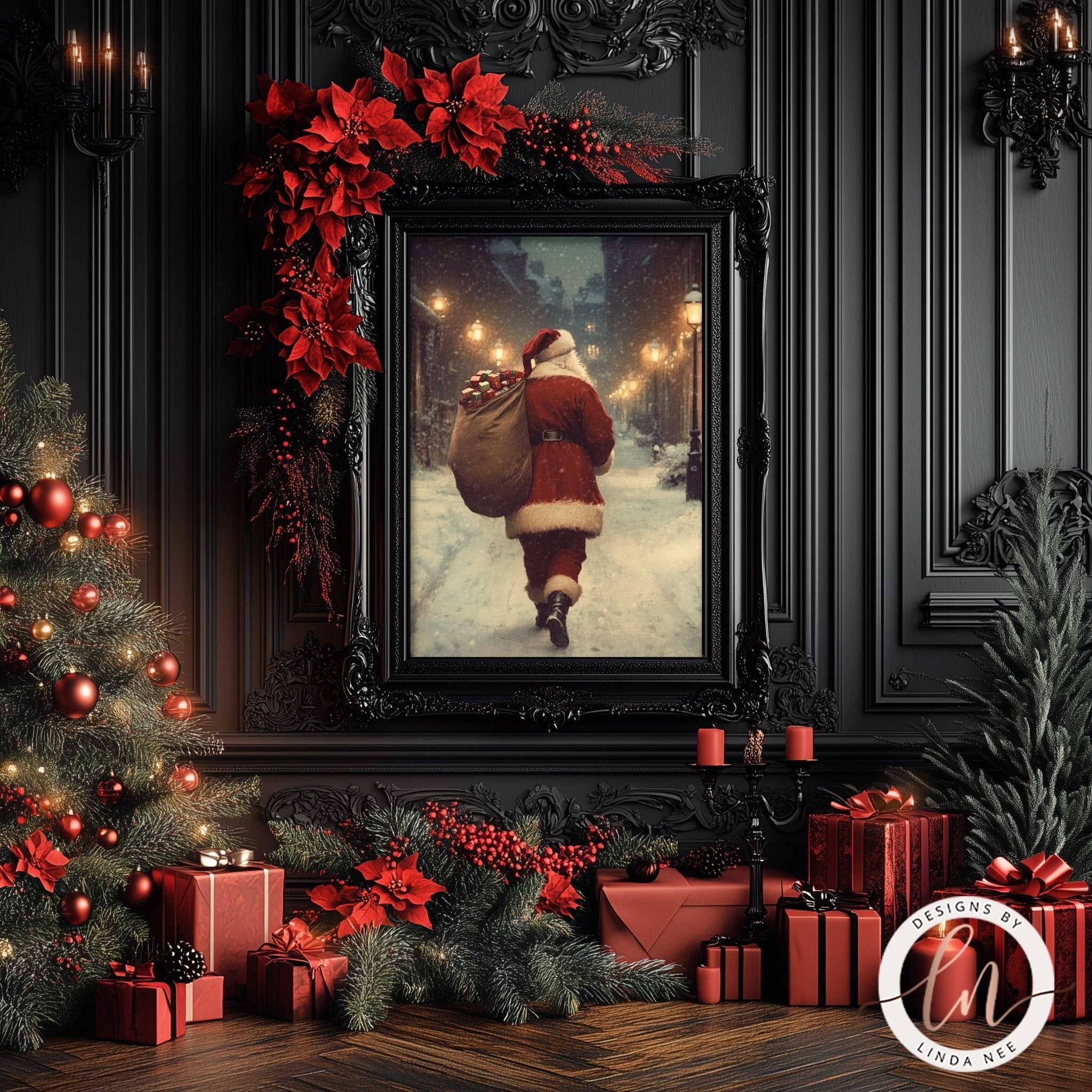 a festive Christmas scene with a framed picture of Santa Claus walking down a snowy street, surrounded by holiday decorations such as poinsettias, a decorated Christmas tree, and wrapped presents.