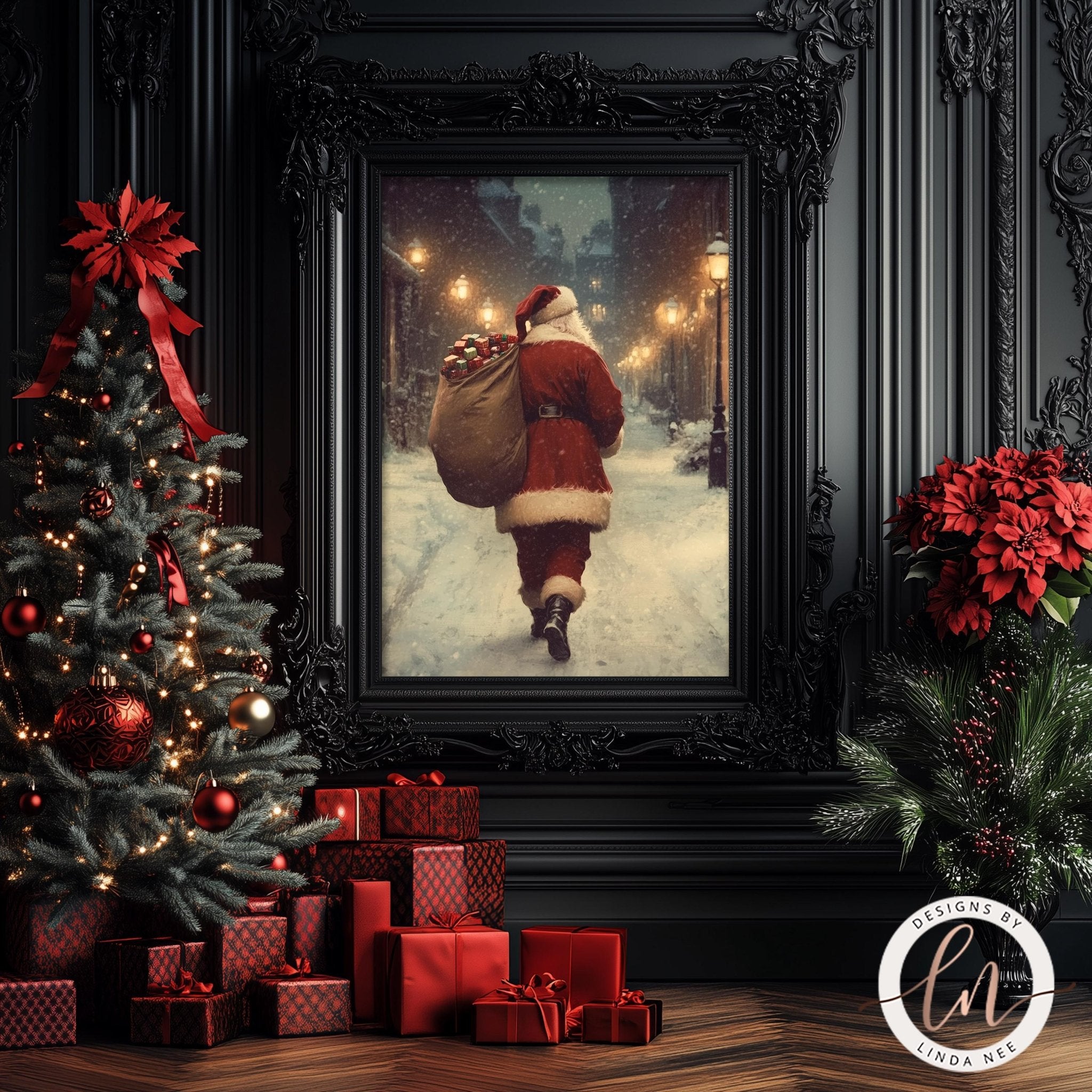 a festive Christmas scene with a framed painting of Santa Claus walking down a snowy street, surrounded by a decorated Christmas tree, presents, and poinsettias.