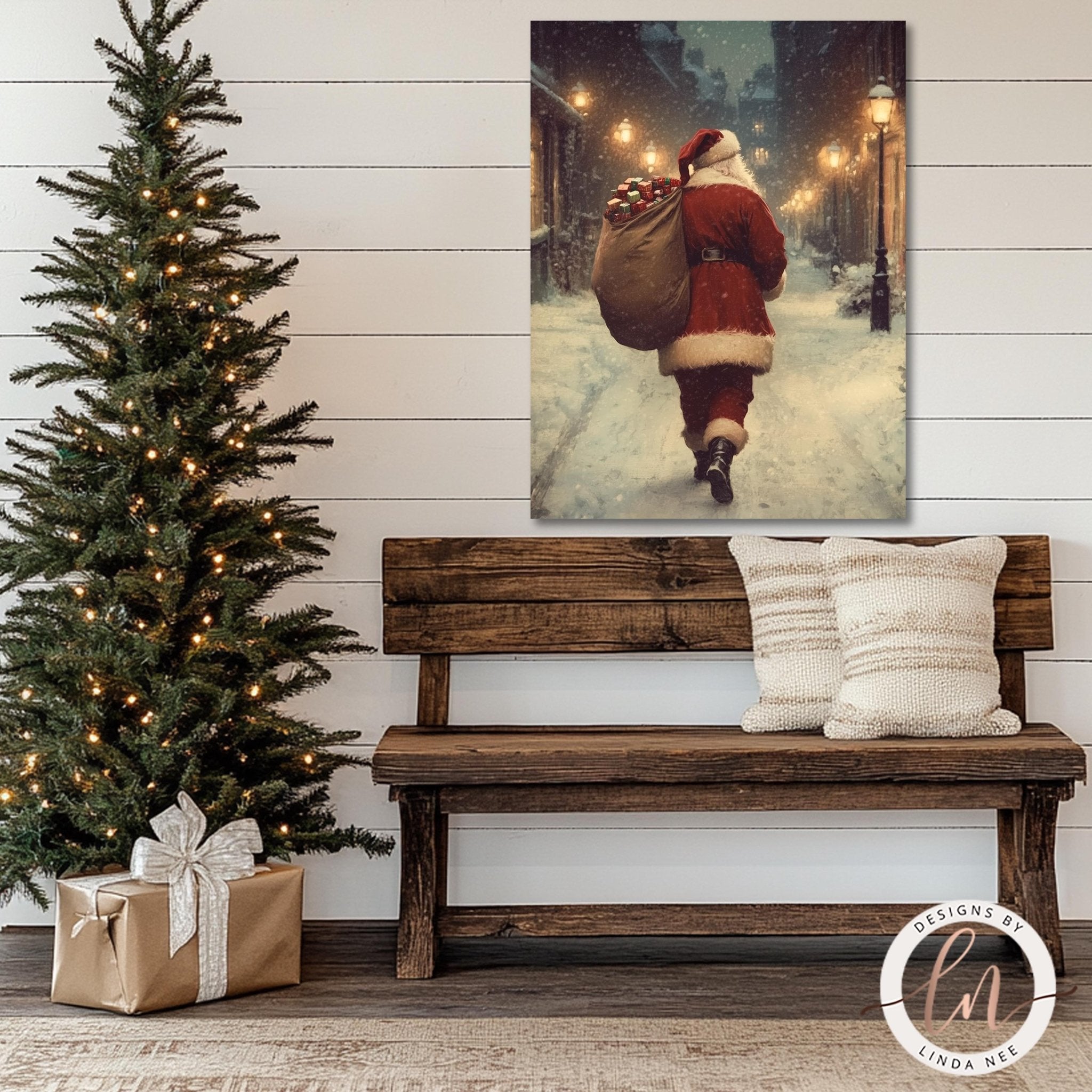 a cozy Christmas scene with a beautifully decorated Christmas tree, a wooden bench, and a large painting of Santa Claus carrying a sack of presents.