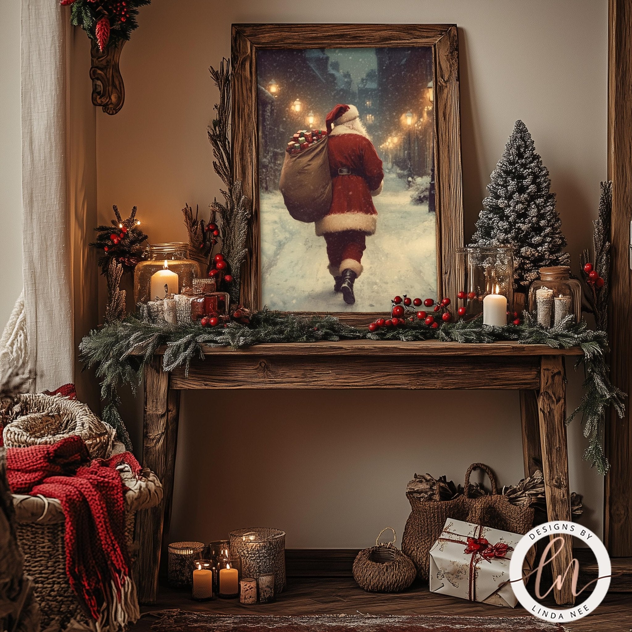 a festive scene with a framed picture of Santa Claus walking down a snowy street, surrounded by holiday decorations such as a Christmas tree, garlands, and candles.
