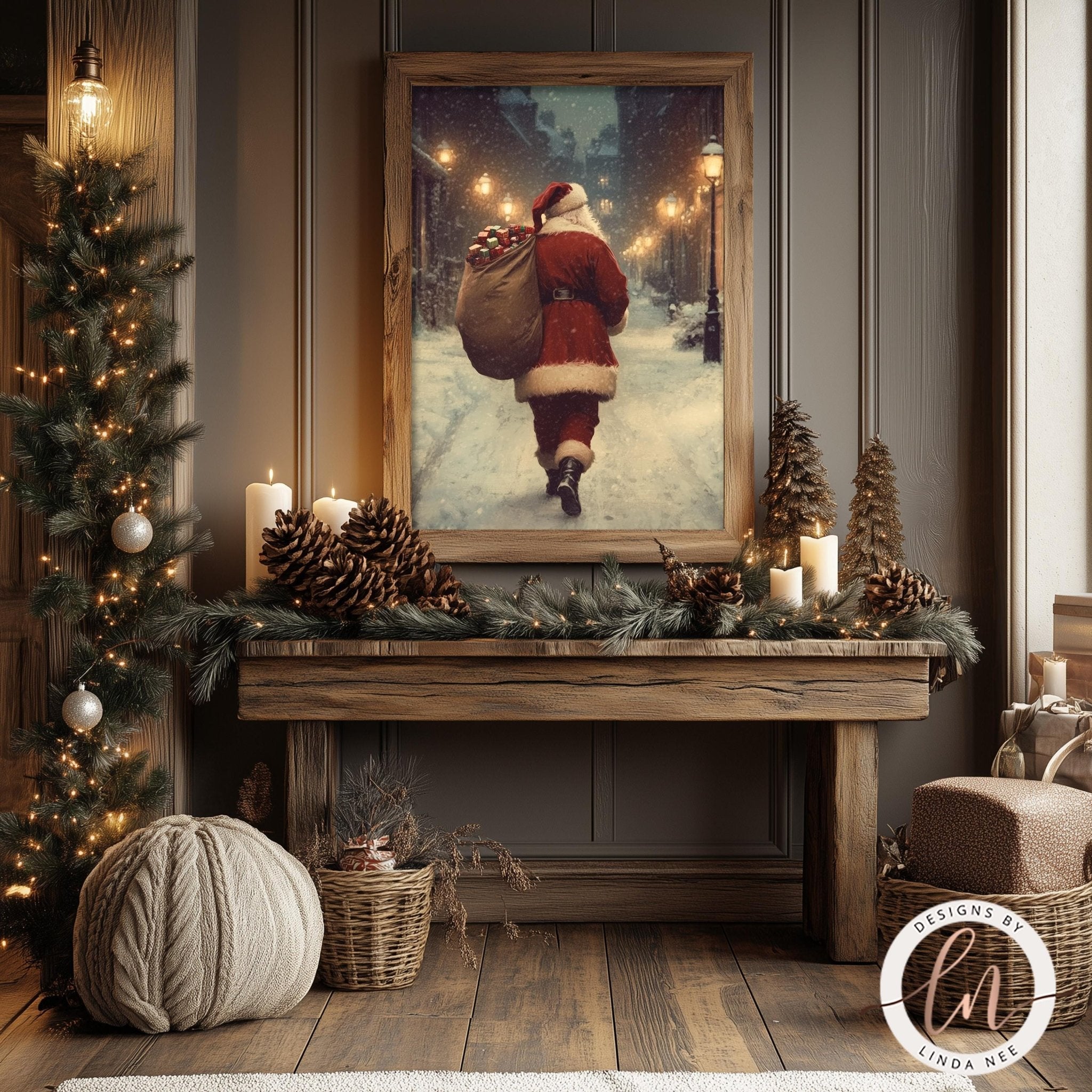 a cozy and festive Christmas scene, featuring a framed picture of Santa Claus walking down a snowy street, surrounded by holiday decorations such as pine cones, garlands, and twinkling lights.