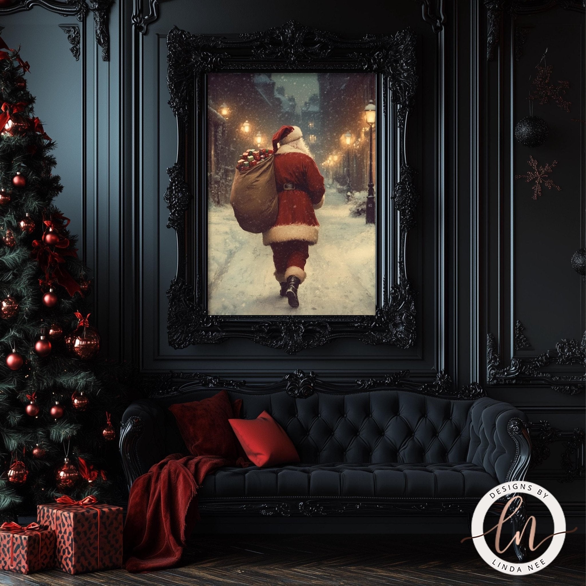a cozy Christmas scene with a framed painting of Santa Claus walking down a snowy street, surrounded by holiday decorations such as a Christmas tree and ornaments.