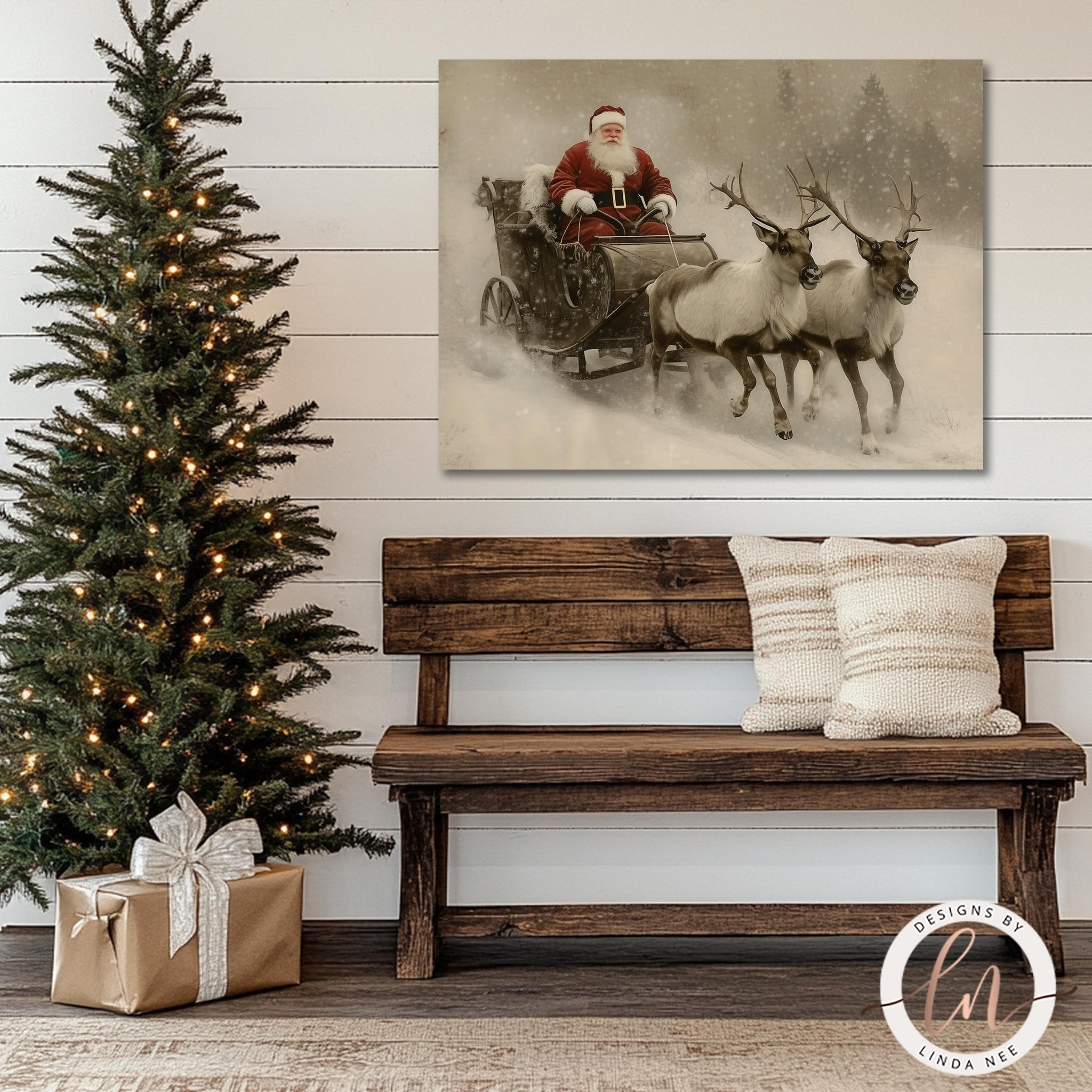 a Christmas scene with a decorated Christmas tree, a Santa Claus sleigh pulled by reindeer, and a wooden bench with pillows.
