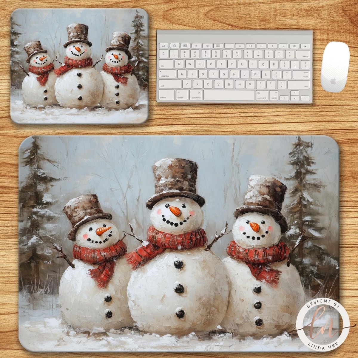 A collage of three images depicting snowmen in winter attire, with a keyboard and mouse on a wooden surface.