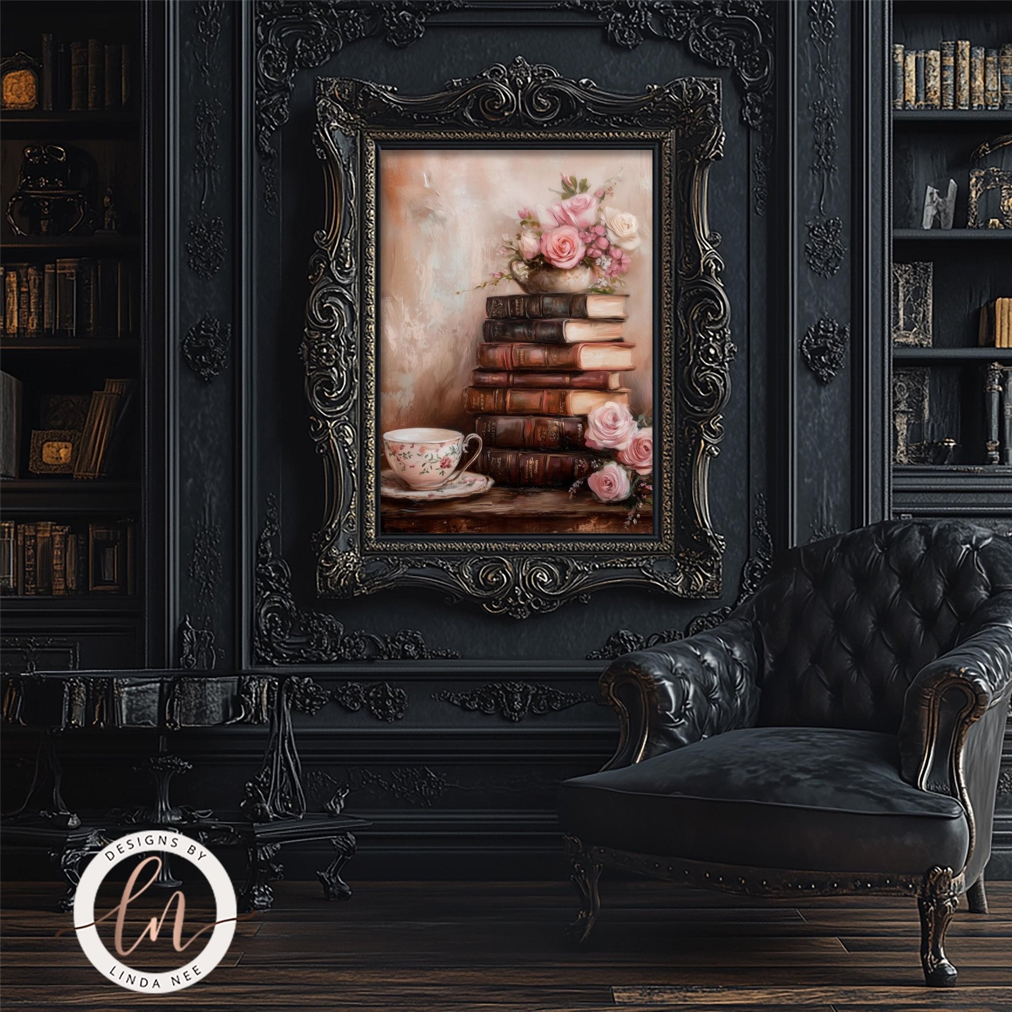 a cozy and elegant living room with a large, ornate black frame hanging on the wall, which displays a painting of a stack of books and a teacup. The room also includes a black leather armchair and a bookshelf filled with books, creating a warm and inviting atmosphere.