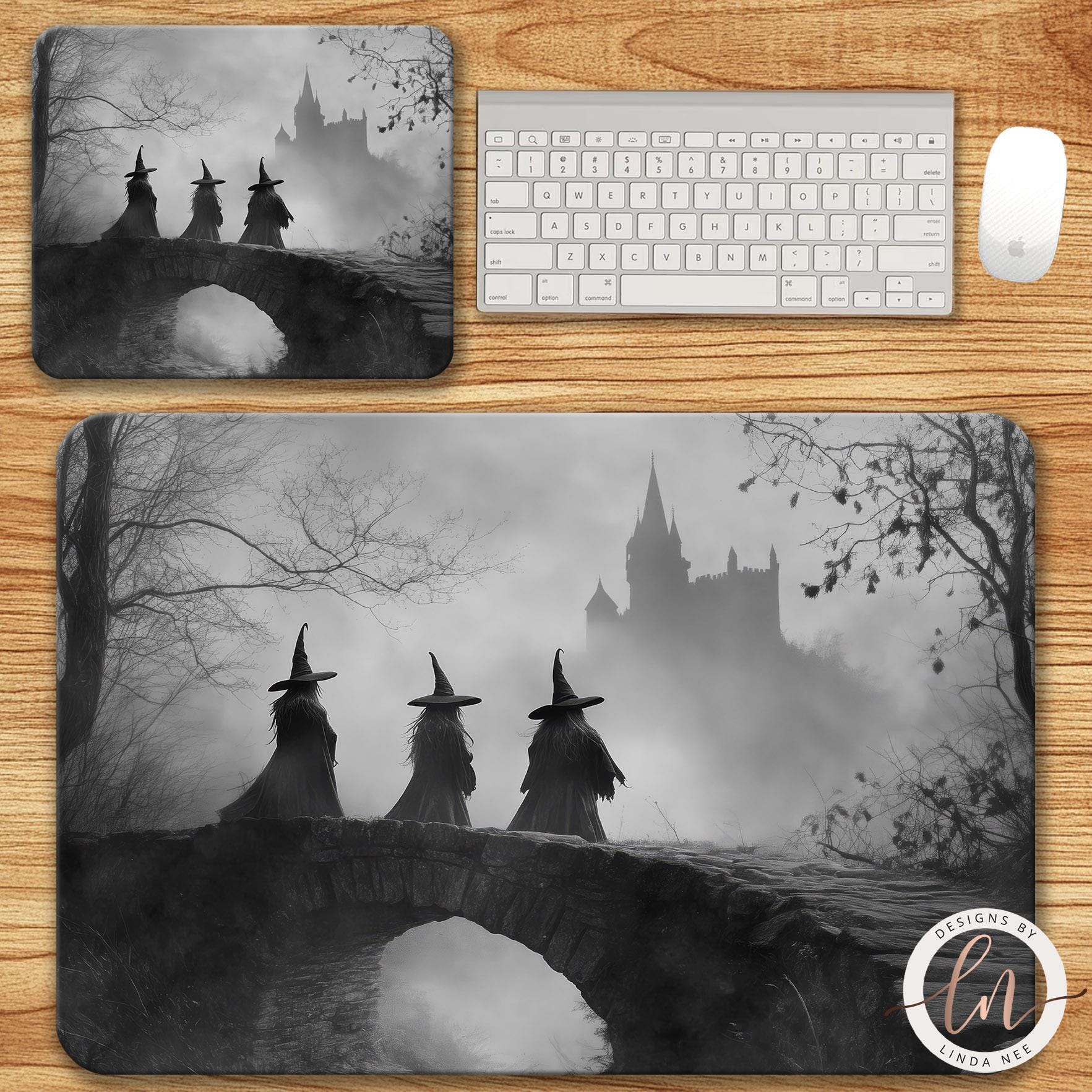 Vintage Witches in the Forest Mousepad - Gothic Halloween ArtDesigns by Linda Nee