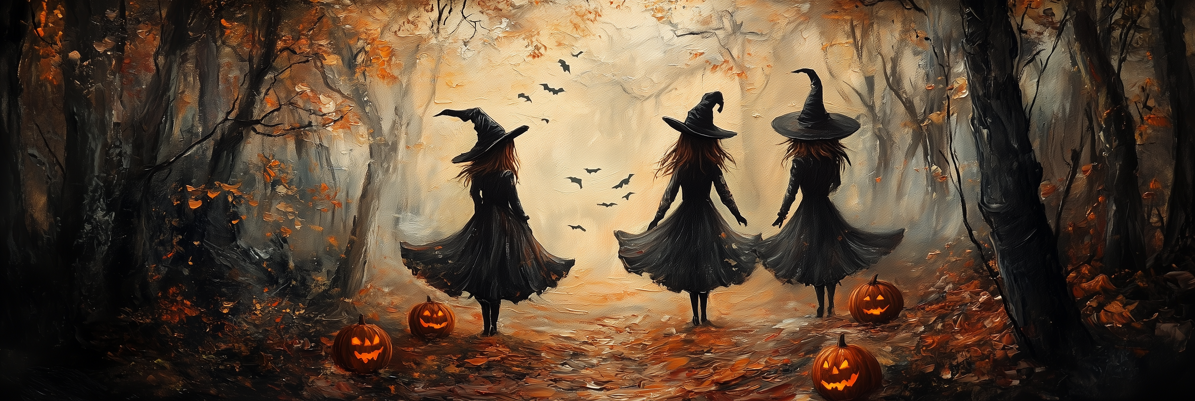 Three witches in a forest with pumpkins and bats on a foggy night.