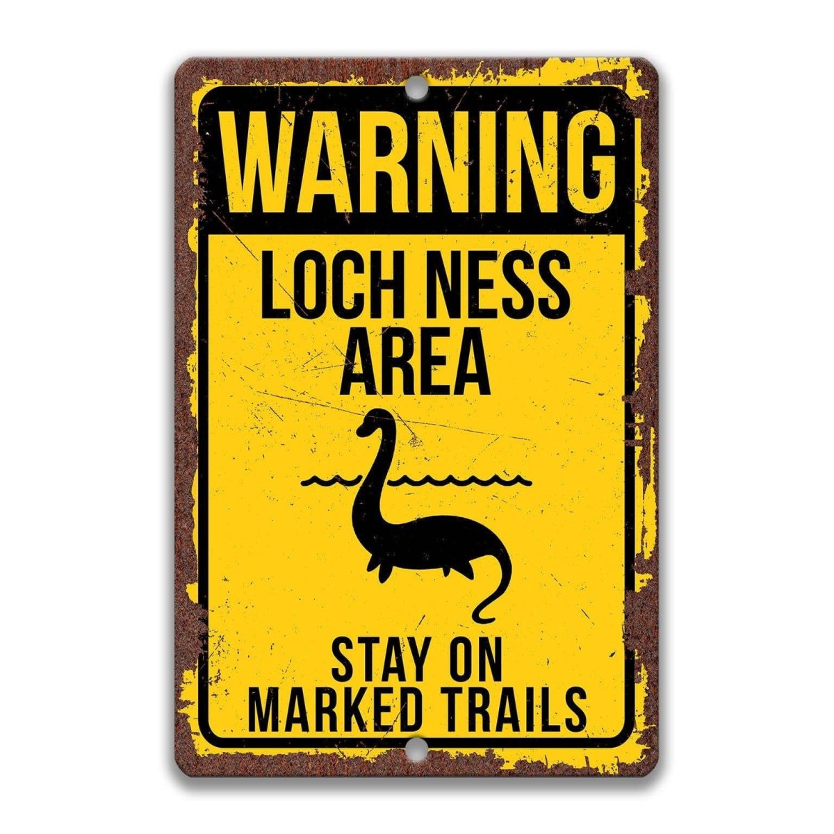 Warning Loch Ness Monster area sign, clean glossy finish, bold sea serpent silhouette with warning text