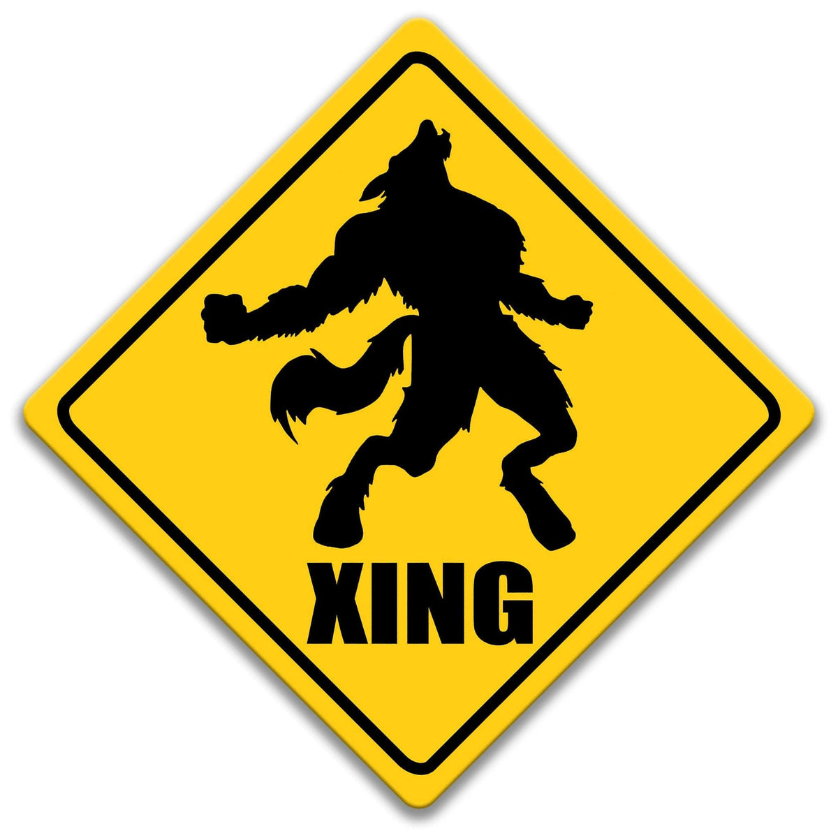 Werewolf crossing caution sign, yellow diamond road sign with black werewolf silhouette and XING lettering
