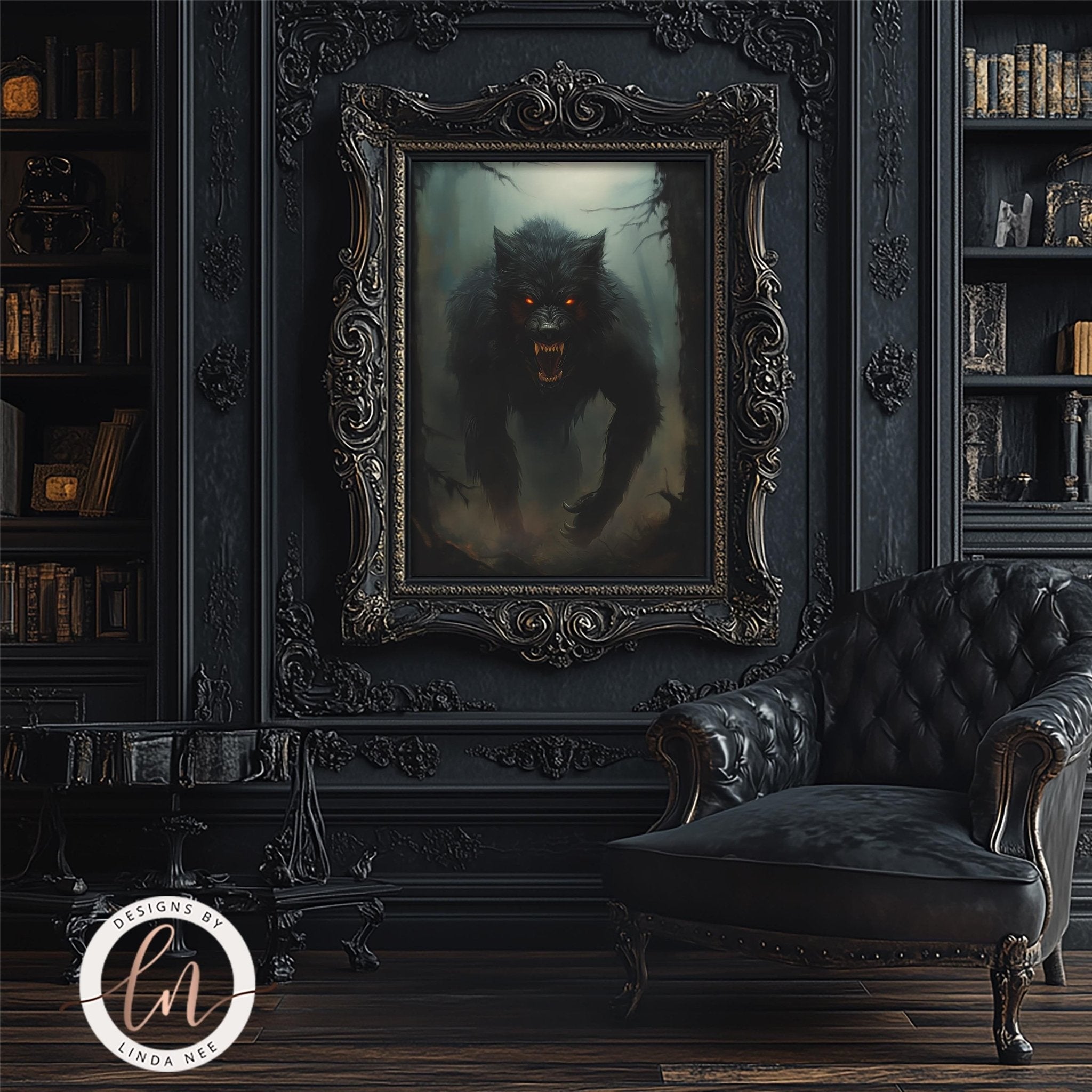 a dark, gothic-style room with a large, ornate painting of a fierce-looking wolf in the center. The room has a dark color scheme, with a black leather chair and a bookshelf filled with books visible. The overall atmosphere of the room appears to be mysterious and eerie.
