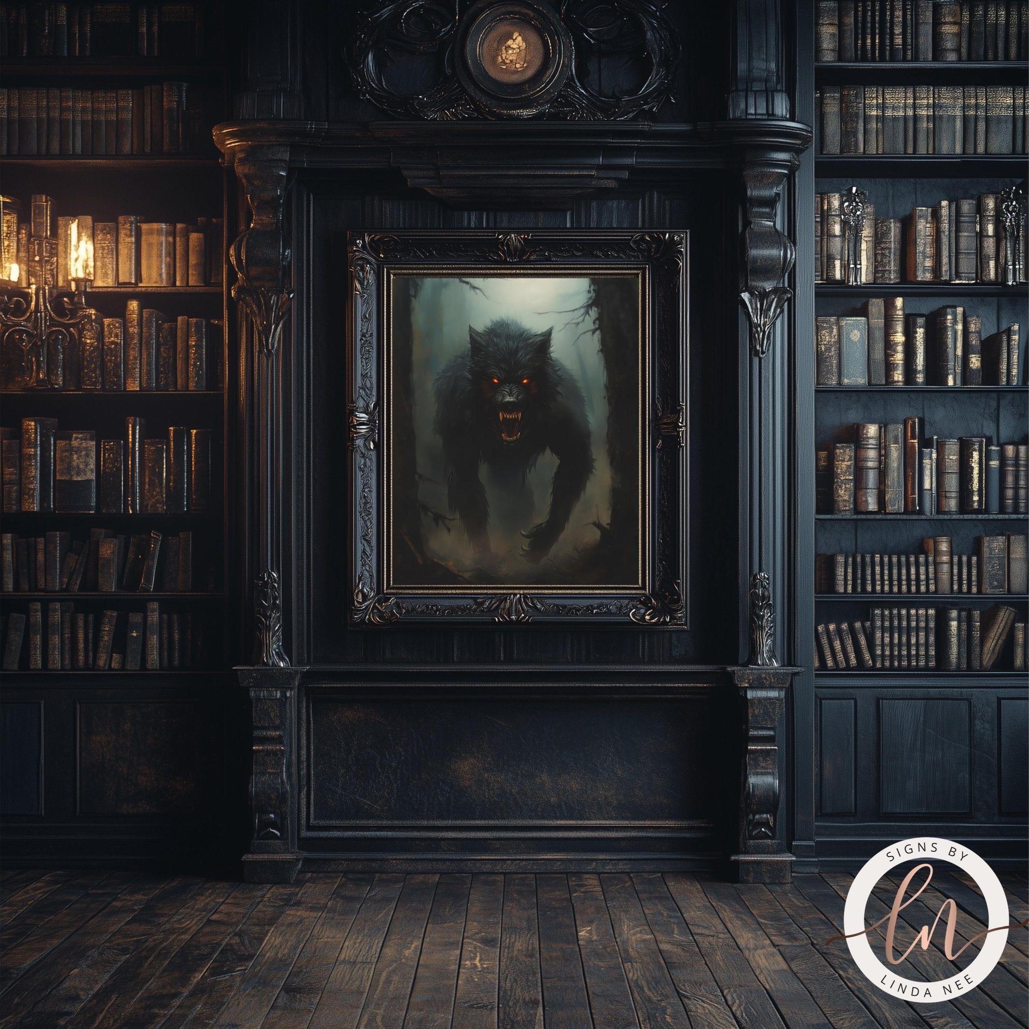 a dark, gothic-style room with a large, ornate fireplace as the focal point. The fireplace has a painting of a fierce-looking wolf hanging above it. The room is filled with numerous bookshelves, creating a sense of a library or study. The overall atmosphere of the room is dark and mysterious, with the wolf painting adding an element of intrigue and danger.