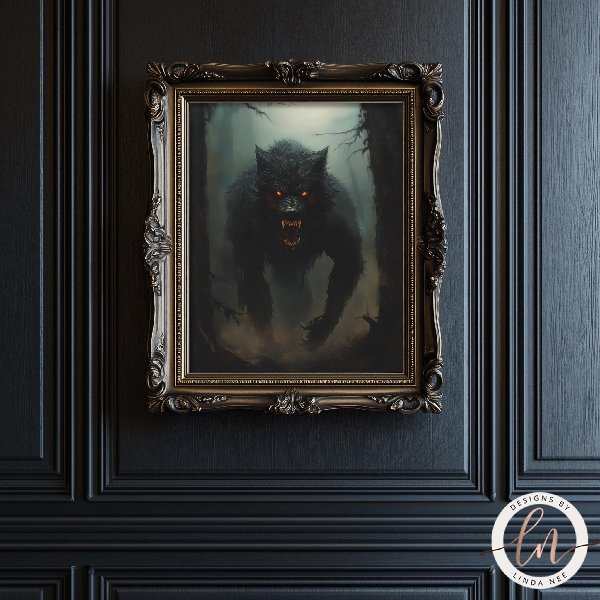 a painting of a fierce-looking black wolf with glowing red eyes, set within an ornate gold frame and displayed on a dark wall.