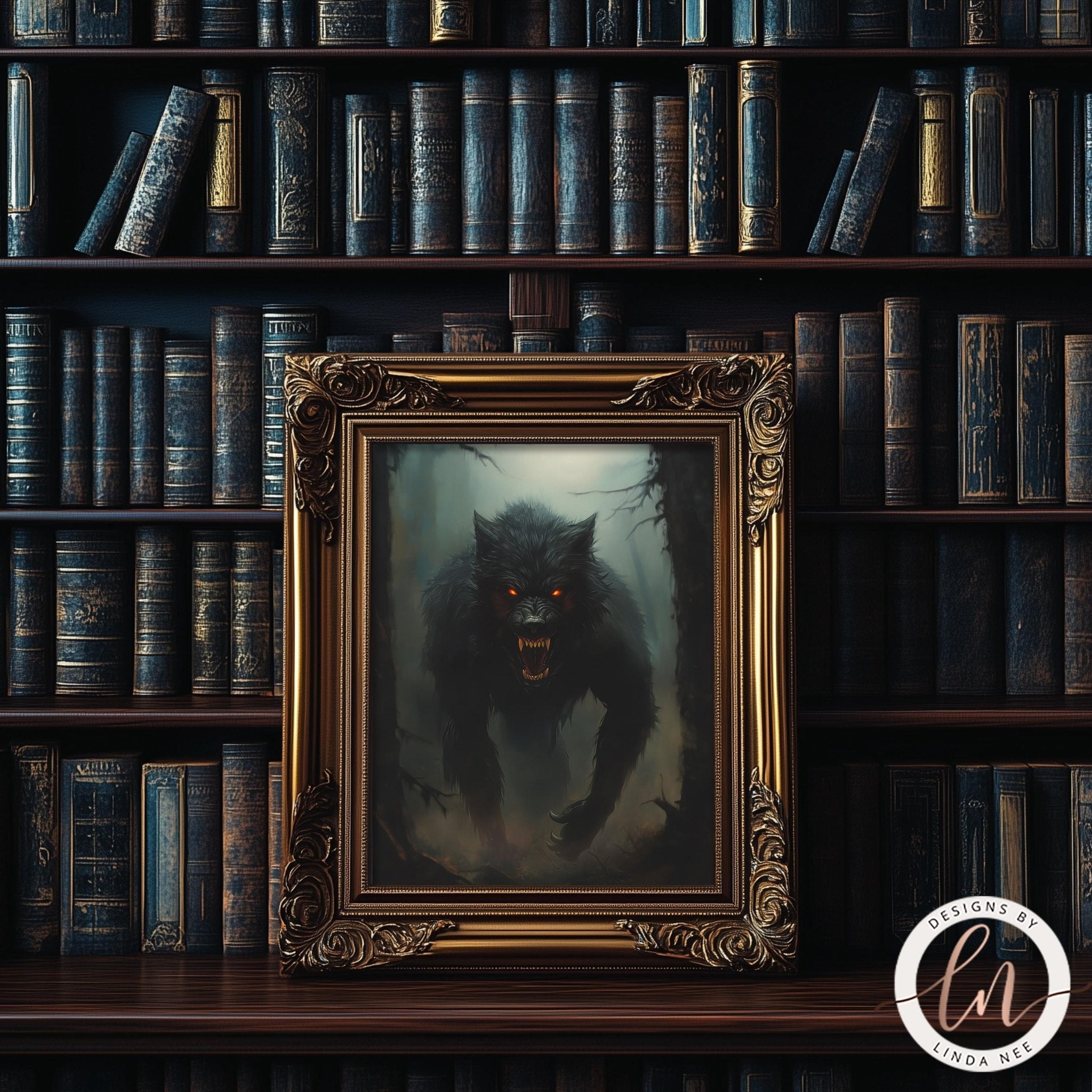 a dark, ominous scene with a large, menacing wolf in the center, surrounded by a dark, foreboding atmosphere. The wolf is depicted in a gilded frame, adding an element of grandeur and mystery to the scene. The background is filled with numerous books, creating a sense of depth and complexity. The overall composition of the image is striking and evocative, capturing the viewer's attention and leaving them intrigued by the mysterious and foreboding nature of the scene.