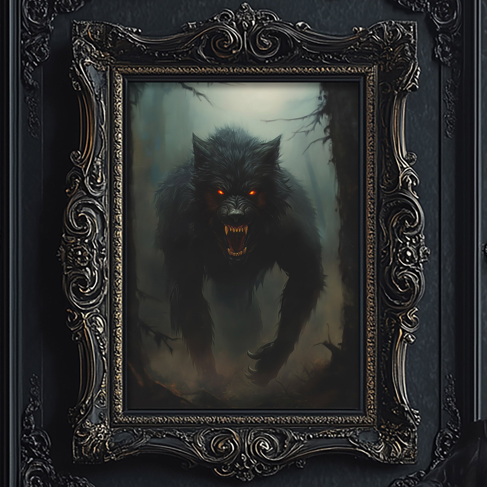 A framed painting depicting a fierce, glowing wolf with an ominous expression, surrounded by a dark, mysterious forest.