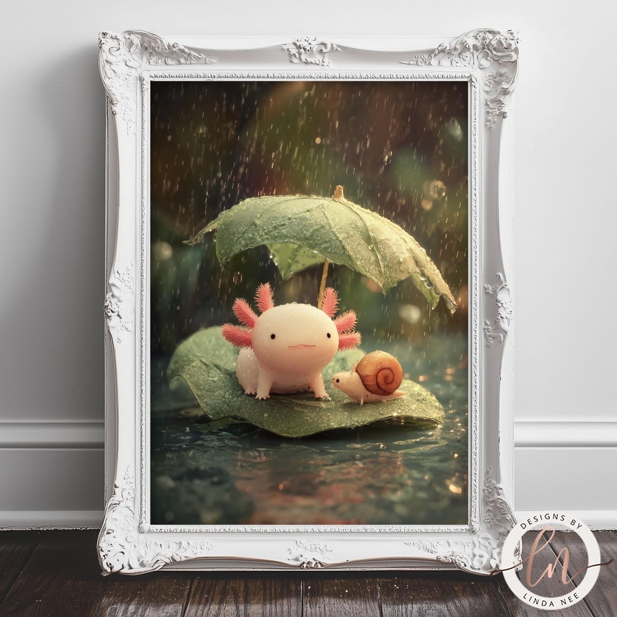 A framed image depicting two small, plush animals, a snail and a salamander, sitting on a leaf in a rainy environment.
