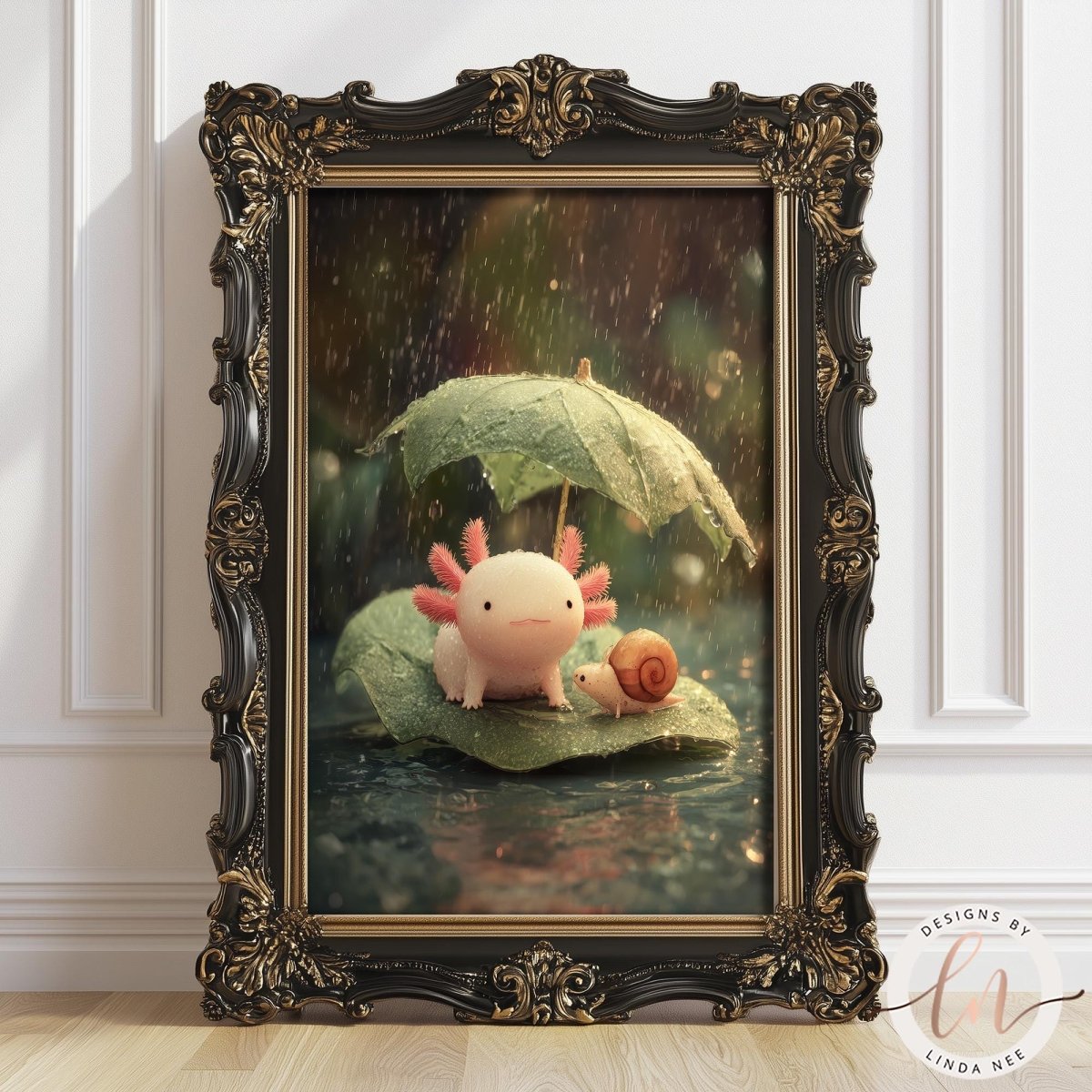 A framed illustration depicting a pink axolotl (slater) sitting on a leaf, with a snail resting on the same leaf, under an umbrella in a rainy environment.
