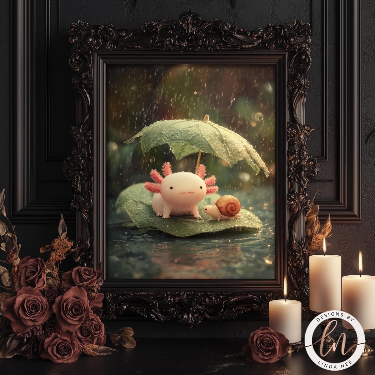 A framed image depicting a pink axolotl (sloth) and a snail resting on a leaf in a rainy forest setting, surrounded by candles and flowers.