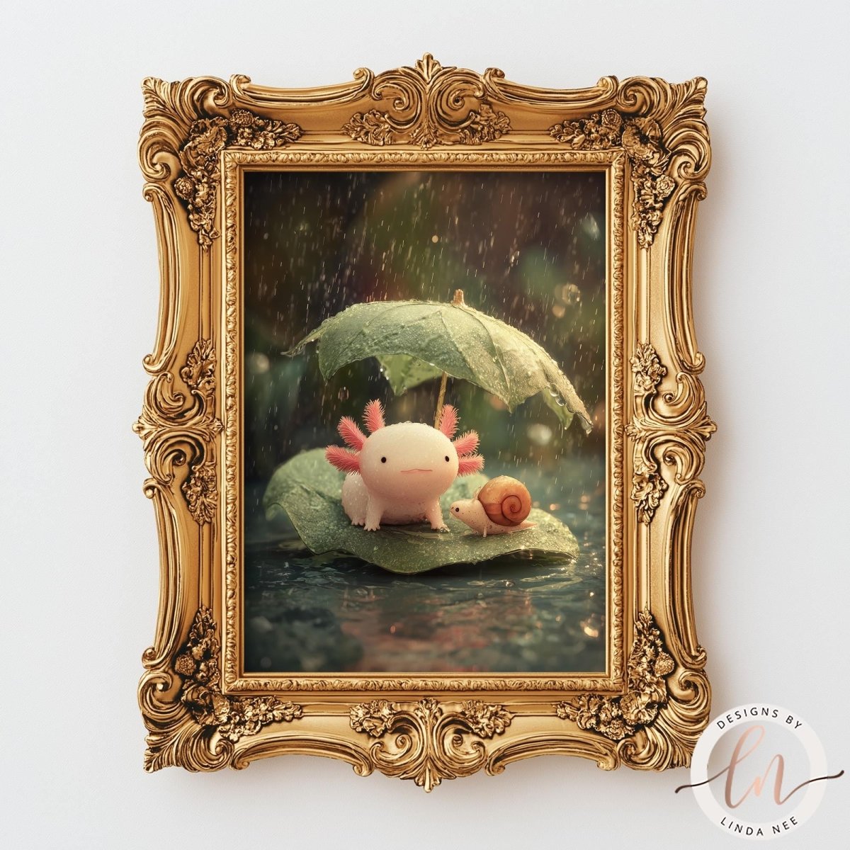A framed image depicting a pink axolotl (slater) sitting on a leaf, with a snail resting on the same leaf, both under an umbrella.