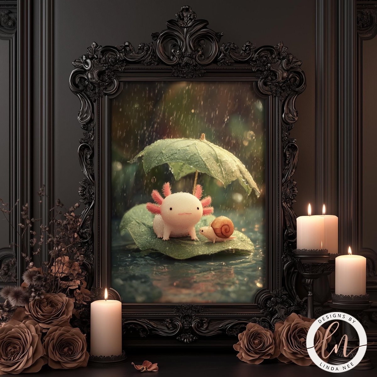 A framed image depicting a small amphibian, possibly a salamander or frog, sitting on a leaf and holding an umbrella, with a snail nearby, in a rainy setting. The background is dark and rainy, creating a moody atmosphere. The image is surrounded by candles and flowers, adding to the overall ambiance.