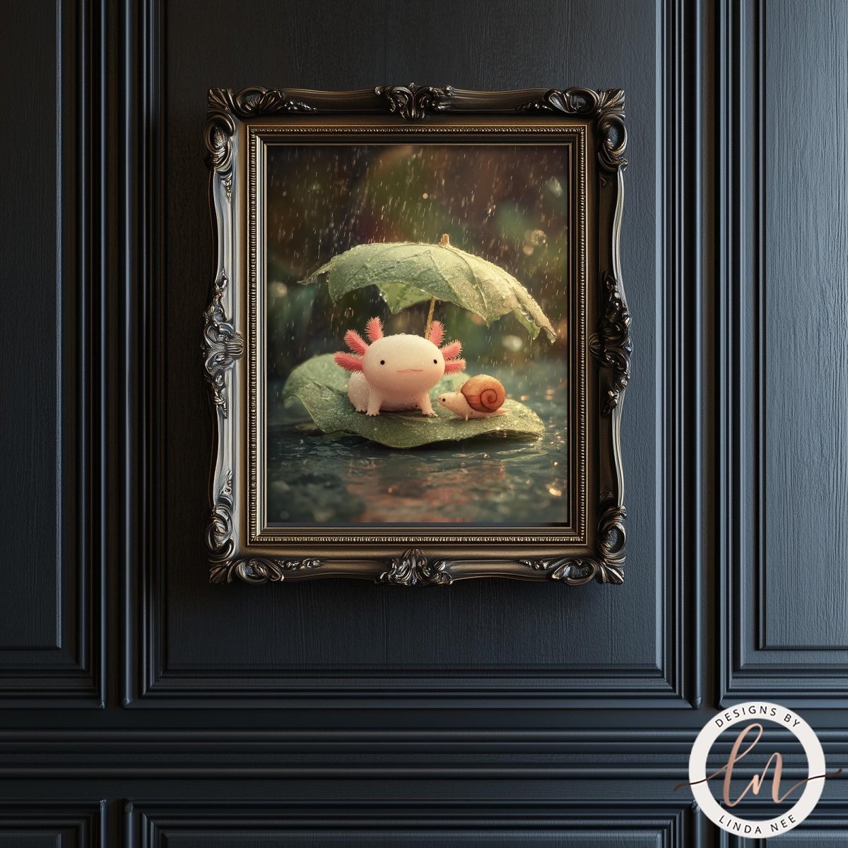 A framed image of a pink axolotl (slater) sitting on a leaf, with a snail on the leaf, in a rainy setting.