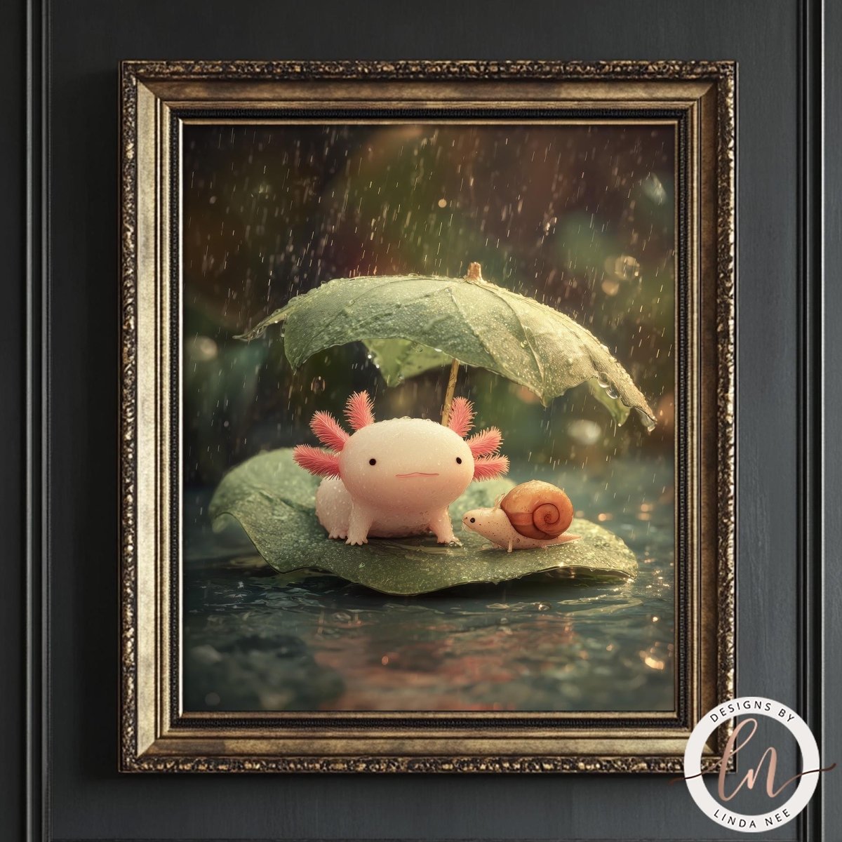 A framed image depicting two small, plush animals, a snail and a frog, sitting on a leaf in a rainy environment.