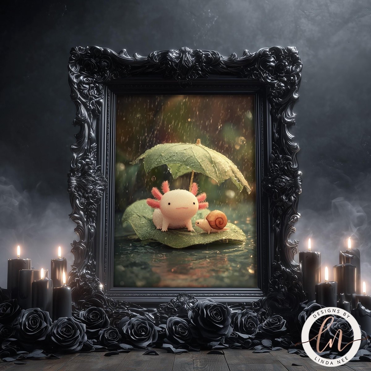 A framed image depicting a salamander and a snail sitting together under an umbrella, surrounded by candles and a dark, moody background.