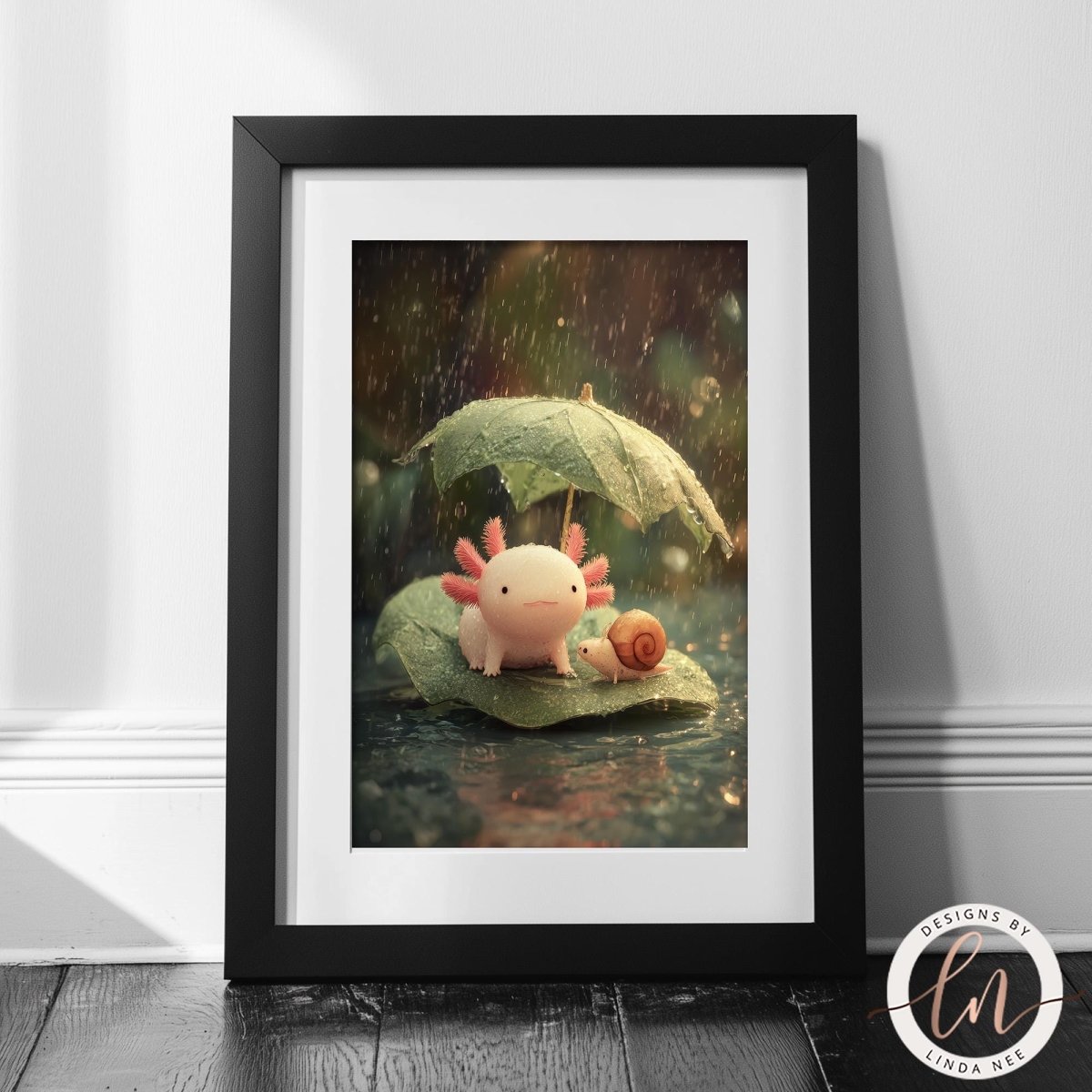 A framed image depicting a pink axolotl (slater) sitting on a leaf in the rain, with a snail nearby, creating a whimsical and serene scene.