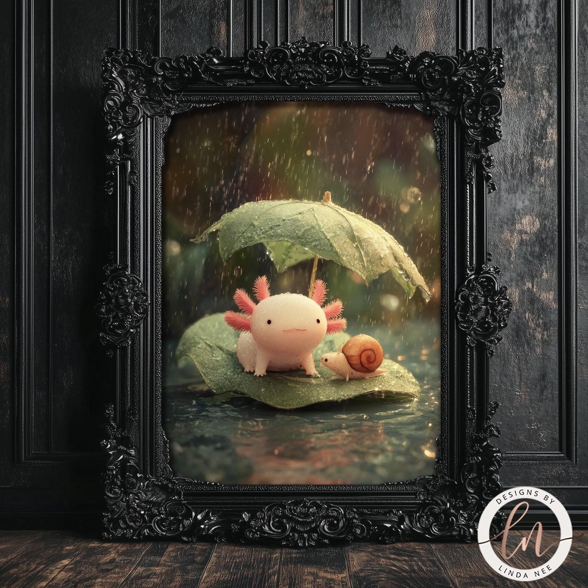 A framed image depicting a pink axolotl (slater) sitting on a leaf, with a snail resting on the leaf, both under a green umbrella, in a rainy setting.