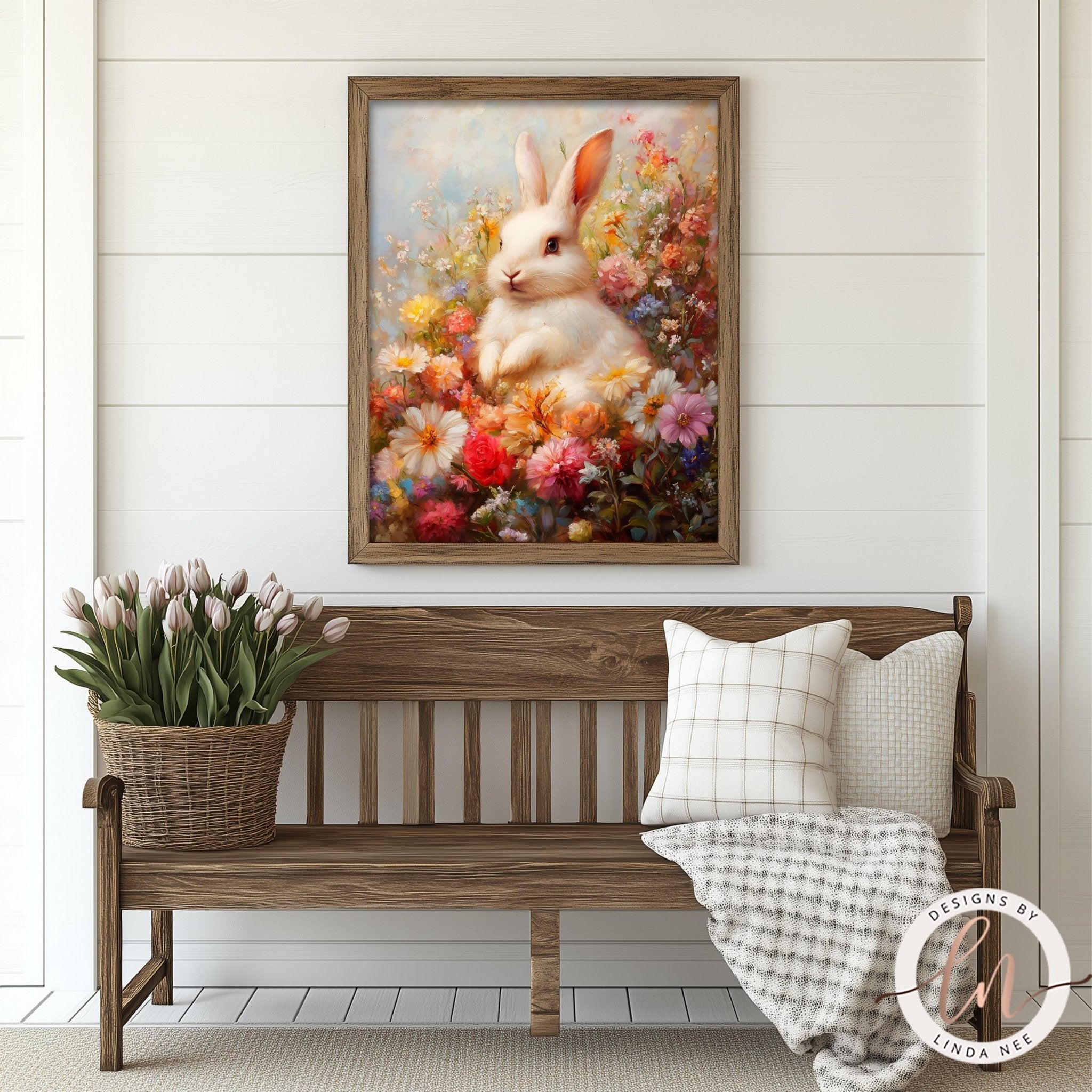 a wooden bench with a wicker basket filled with flowers, and a framed painting of a rabbit sitting amidst a colorful floral arrangement hanging on the wall above the bench.