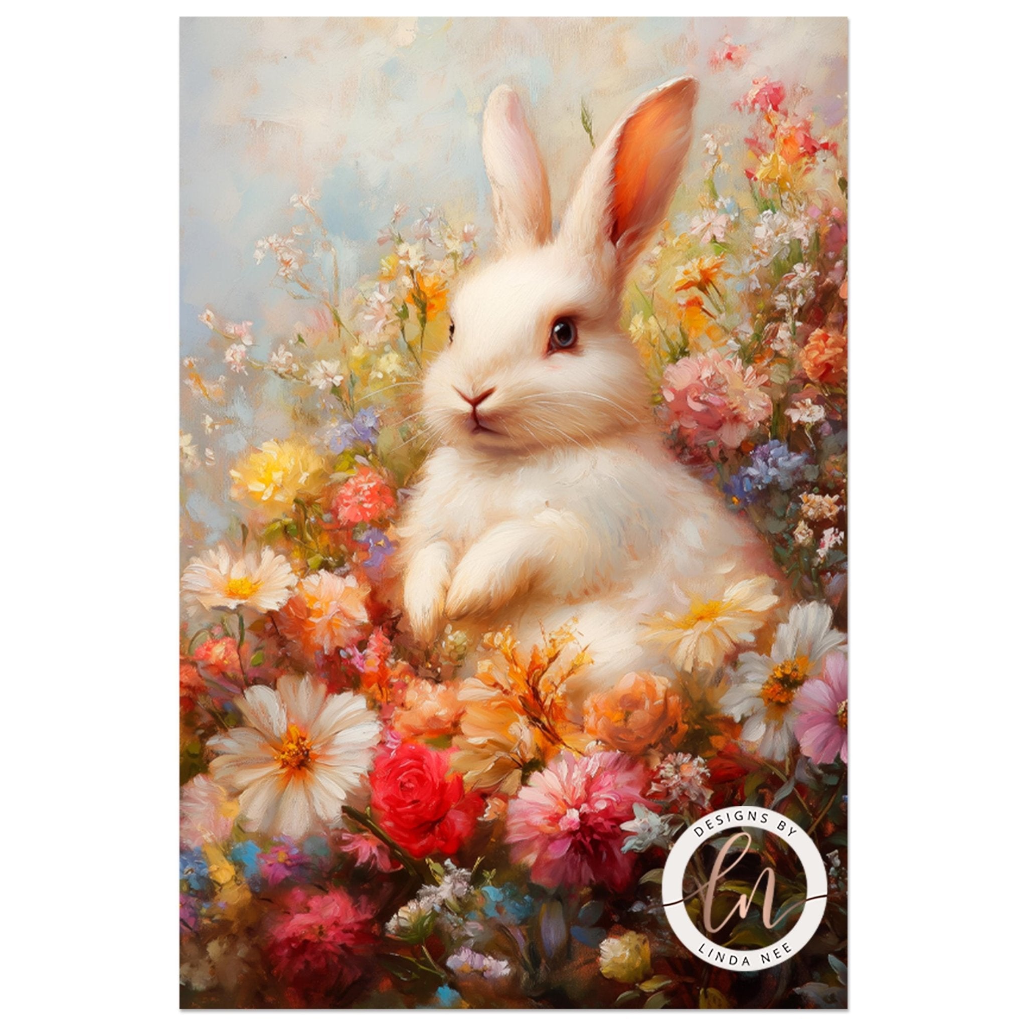 A white rabbit sits amidst a vibrant array of colorful flowers, including daisies, roses, and other blooms, creating a serene and picturesque scene.
