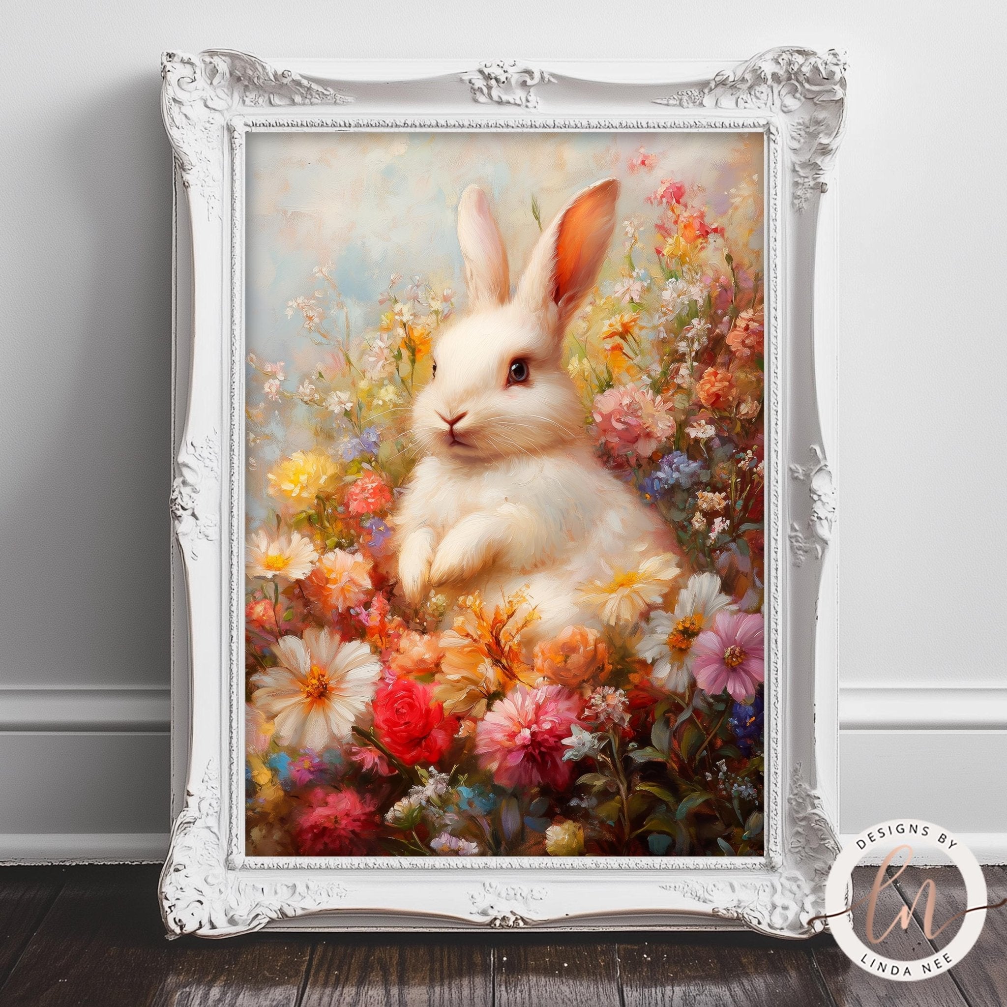 A white rabbit sits amidst a vibrant field of flowers, with a white frame surrounding the artwork.