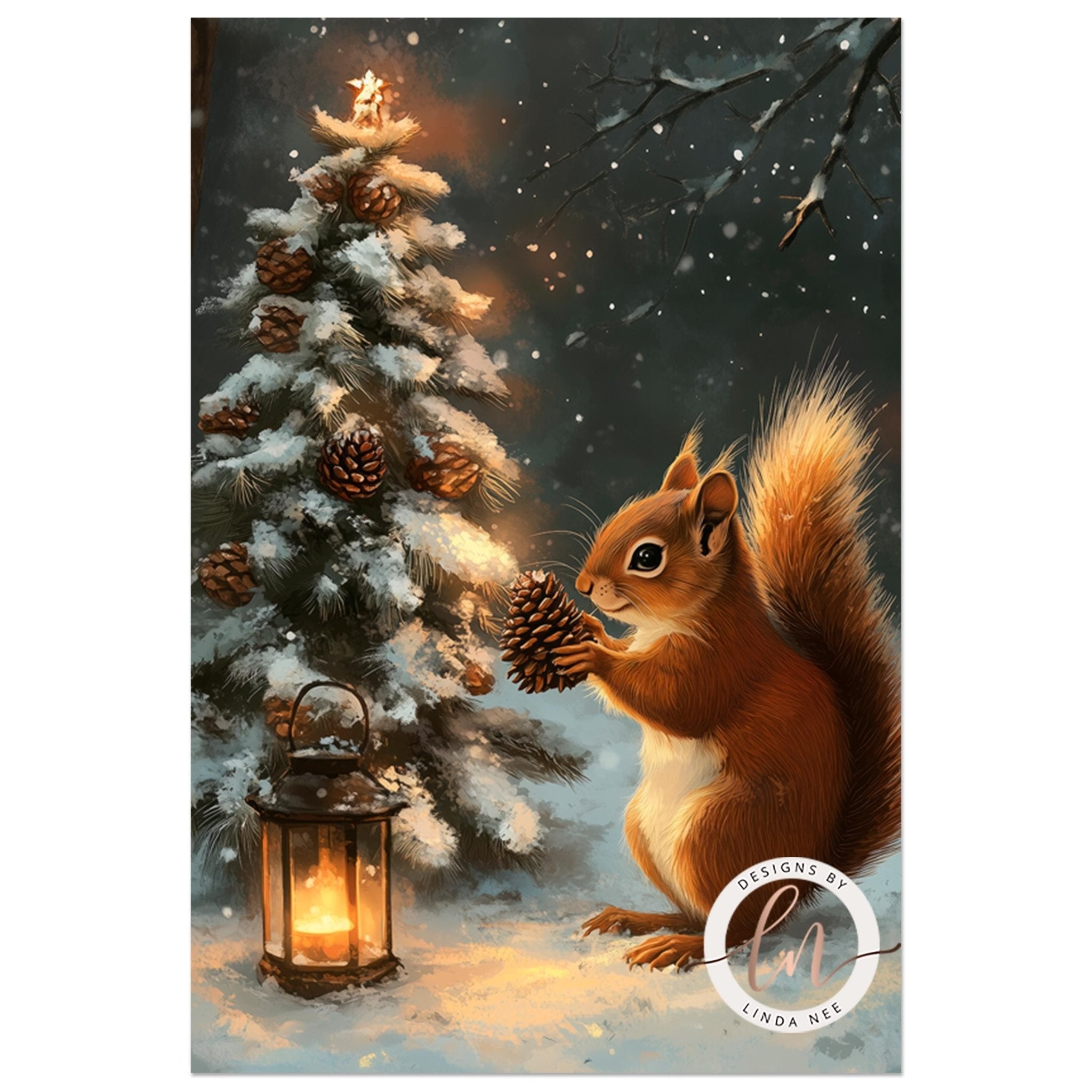 A squirrel holding a pine cone stands next to a lit lantern and a snow-covered Christmas tree, with a star on top of the tree.