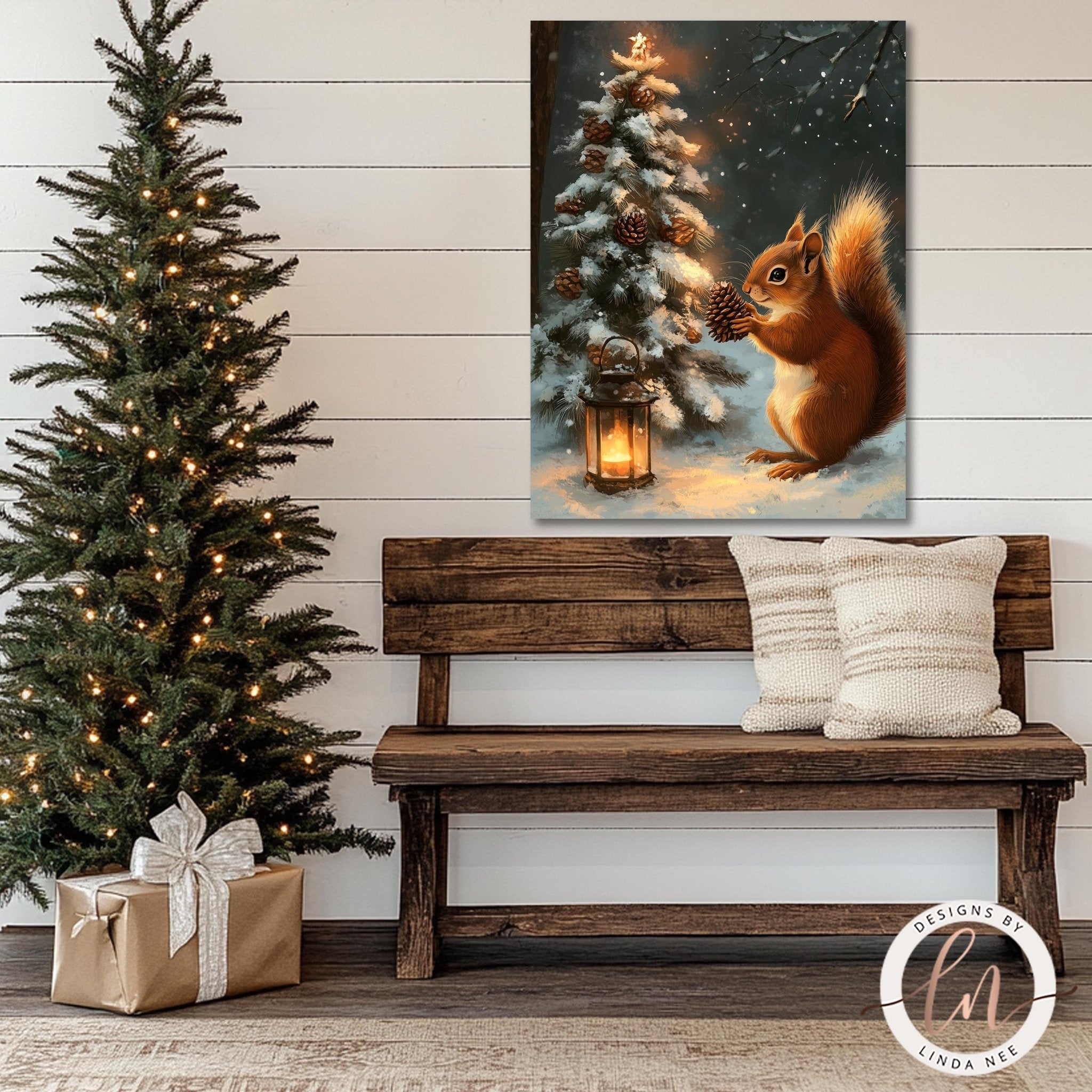 a cozy Christmas scene with a wooden bench, a decorated Christmas tree, and a painting of a squirrel holding a pine cone.