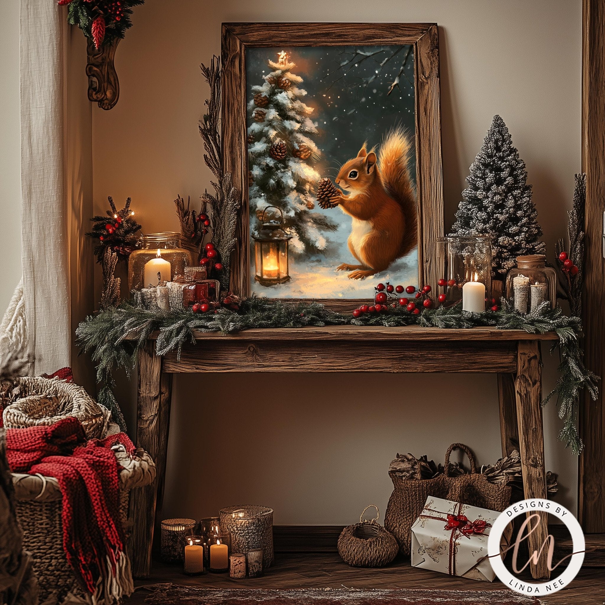 a cozy and festive scene with a framed painting of a squirrel in a snowy forest, surrounded by holiday decorations such as a Christmas tree, candles, and baskets.