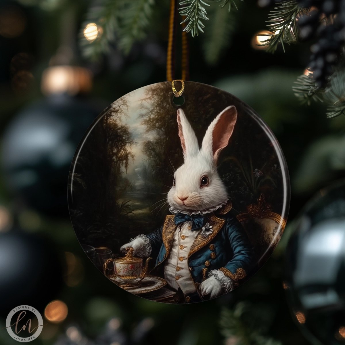 A decorative ornament featuring a white rabbit wearing a blue coat and holding a teapot, set against a forest background.