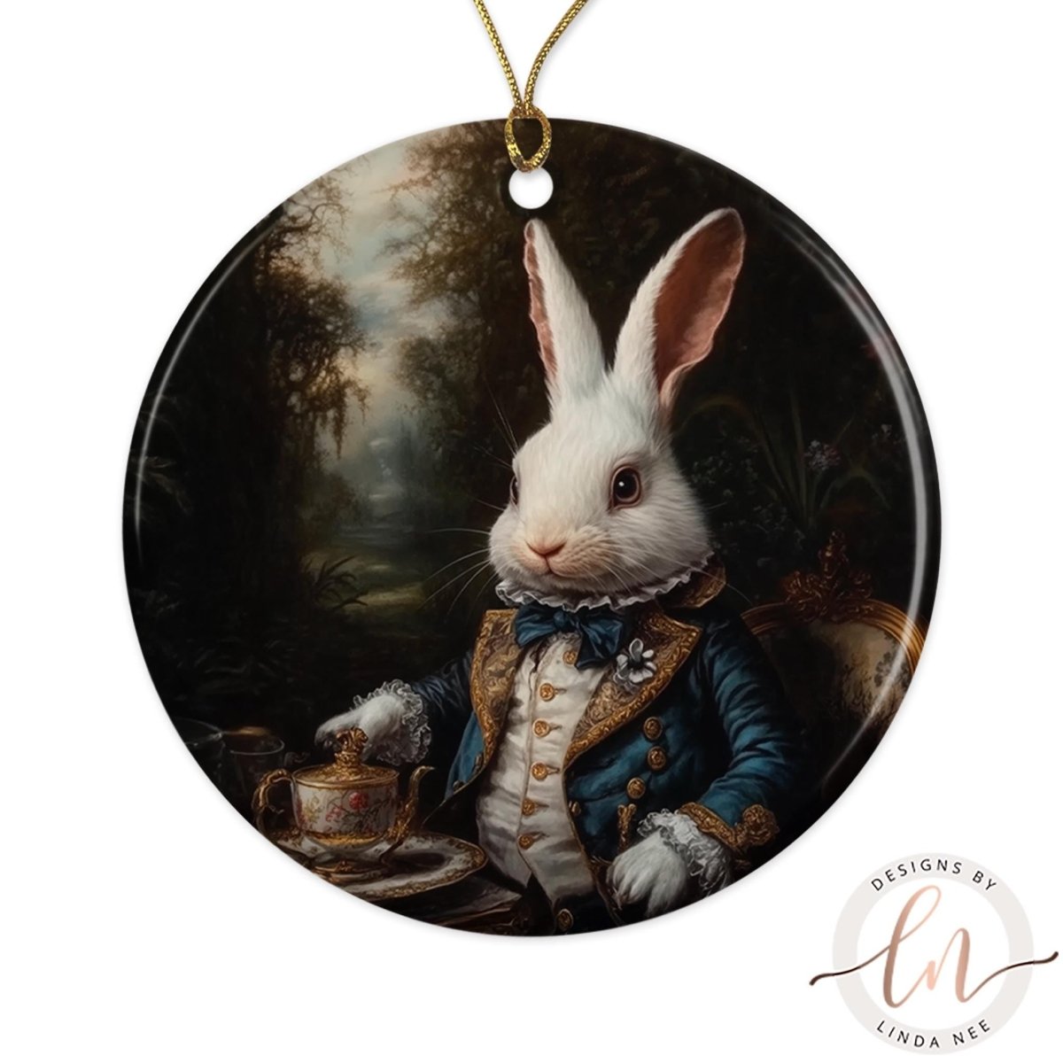 A white rabbit wearing a blue coat and holding a teapot is depicted in a painting, set against a forest background.