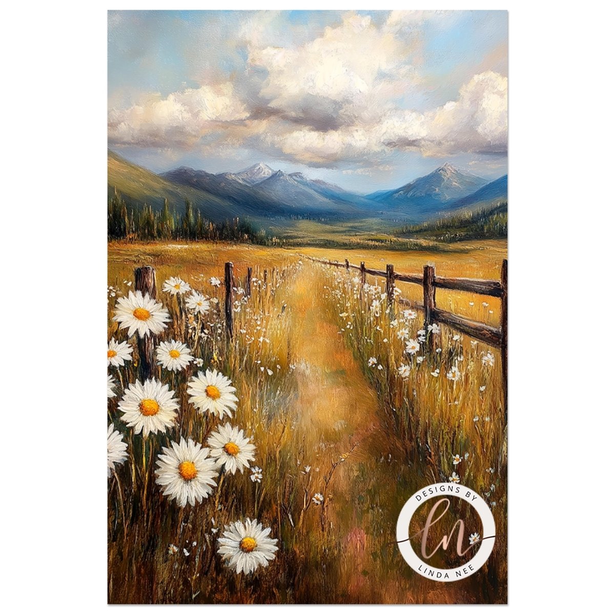 a picturesque rural landscape with a winding dirt path leading through a field of blooming daisies. The path is bordered by a rustic wooden fence, and in the distance, majestic mountains rise against a cloudy sky. The scene is artistically rendered, capturing the beauty and tranquility of the countryside.
