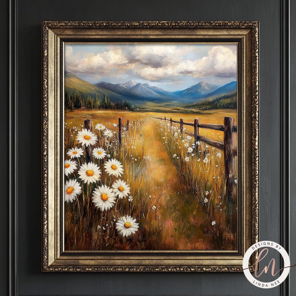 The image is a framed painting depicting a scenic countryside landscape with a winding path leading through a field of white daisies.