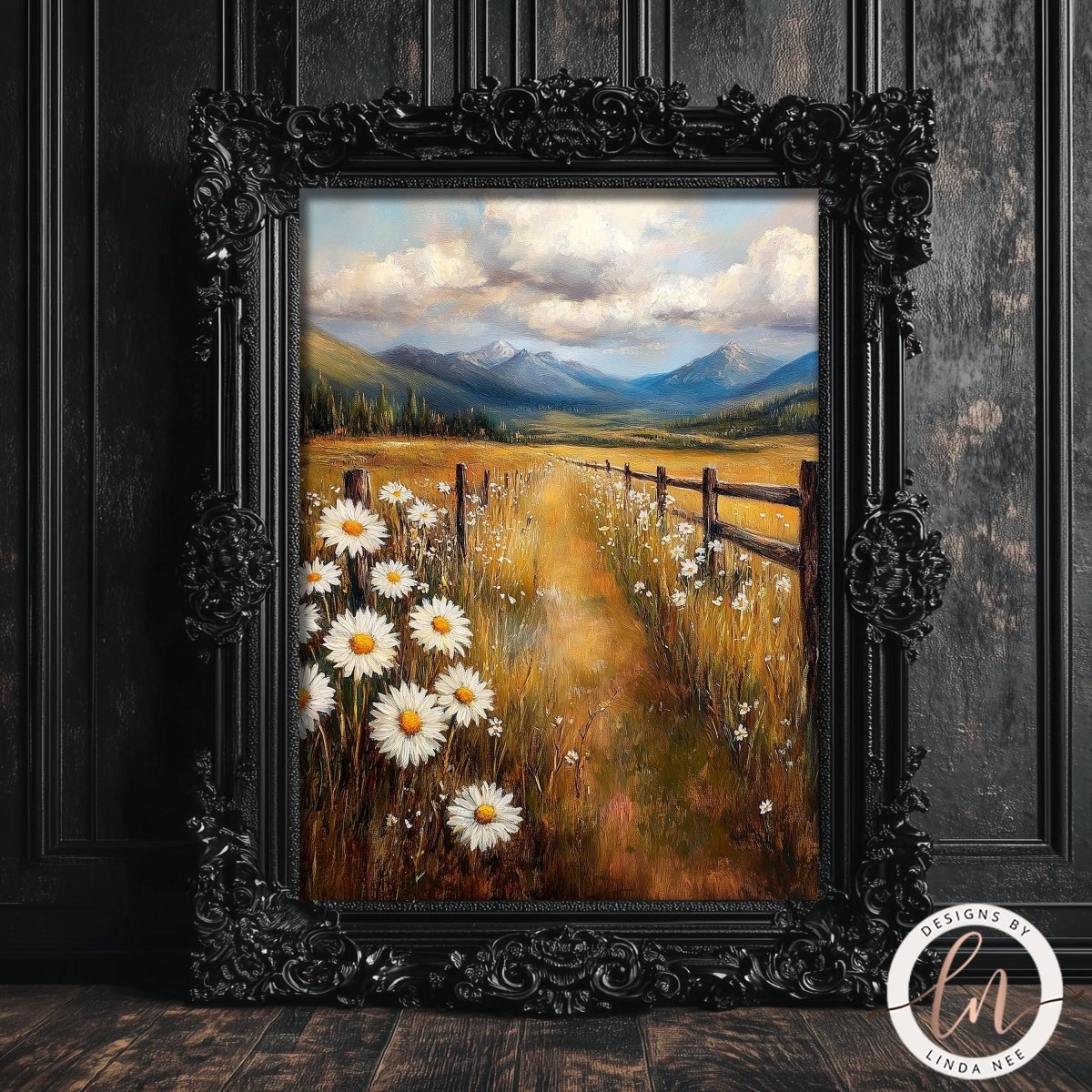 The image is a framed painting depicting a scenic countryside landscape with a winding path leading through a field of white daisies.