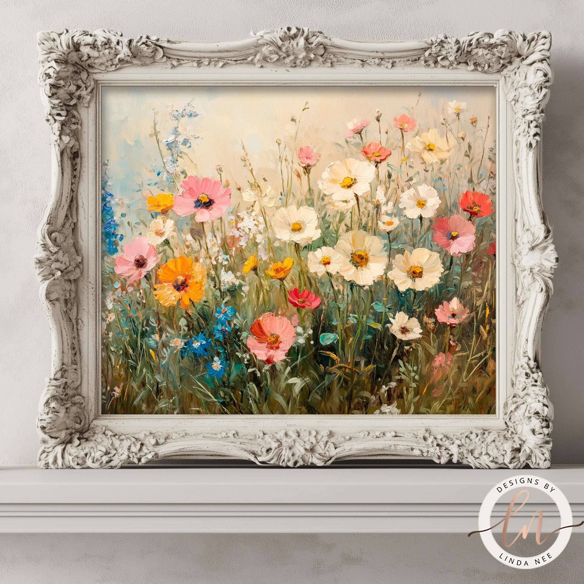 The image is a framed painting depicting a vibrant field of colorful flowers, including pink, orange, and white blooms, set against a lush green background.