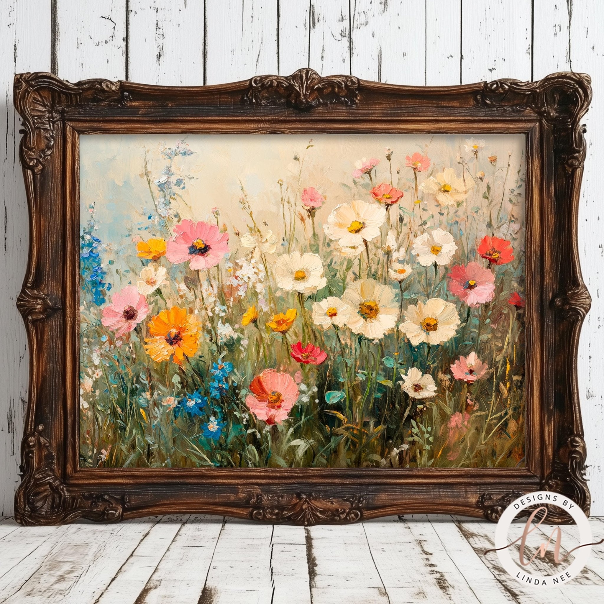a painting of a field of colorful flowers, including pink, orange, and white blooms, set against a natural background.