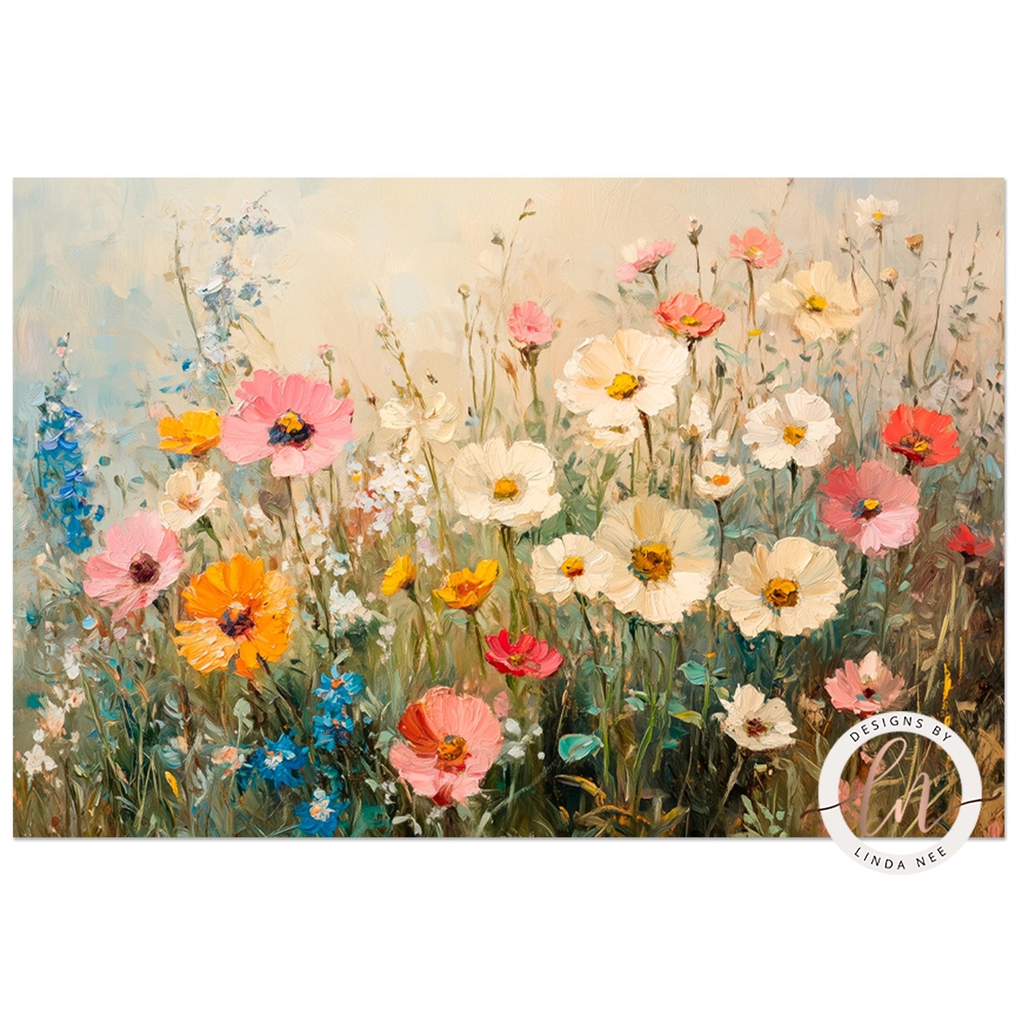 The image is a vibrant and colorful painting depicting a field of blooming flowers, including various types of flowers in shades of pink, orange, yellow, and white.