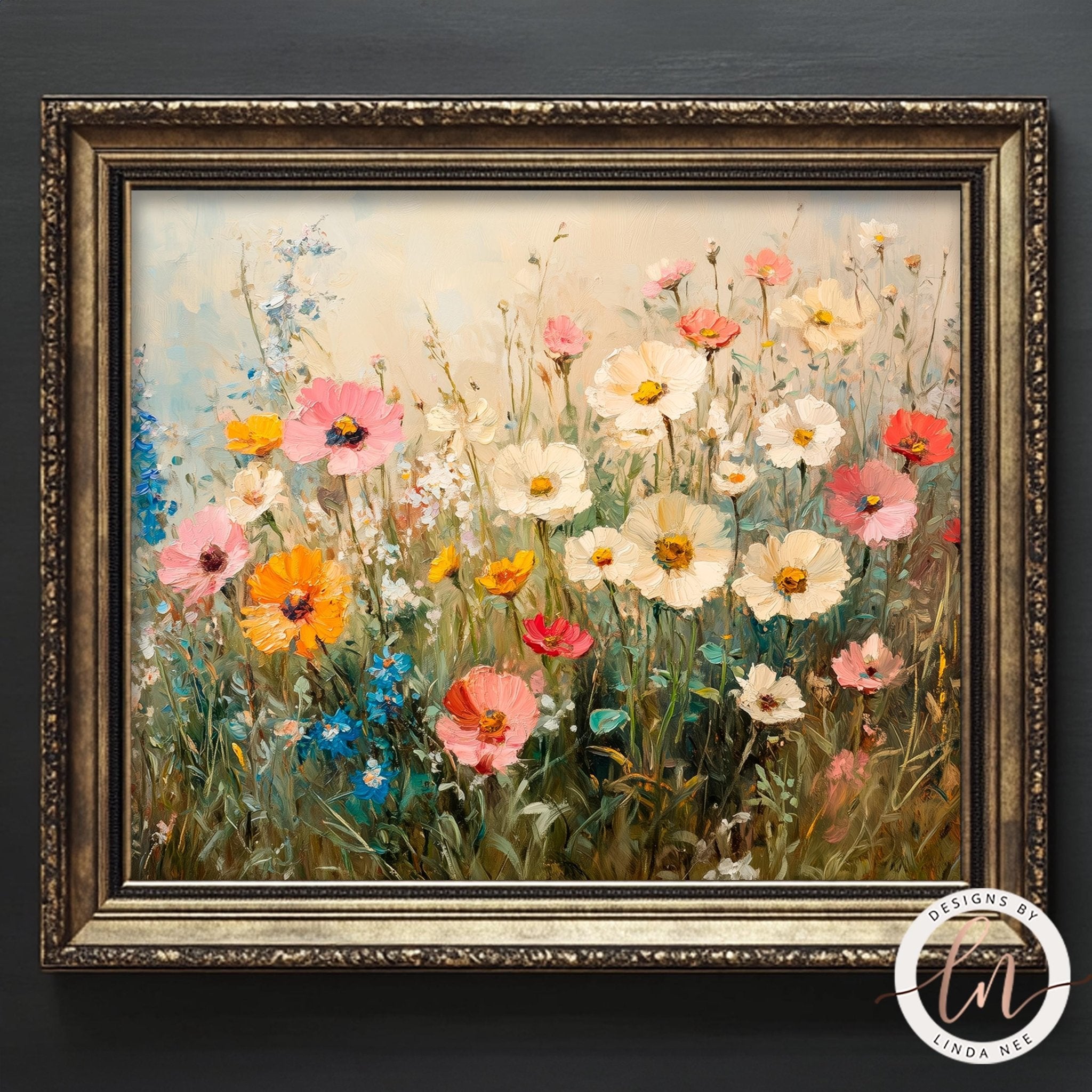 The image is a framed painting depicting a vibrant field of colorful flowers, including pink, orange, and white blooms, set against a lush green background.
