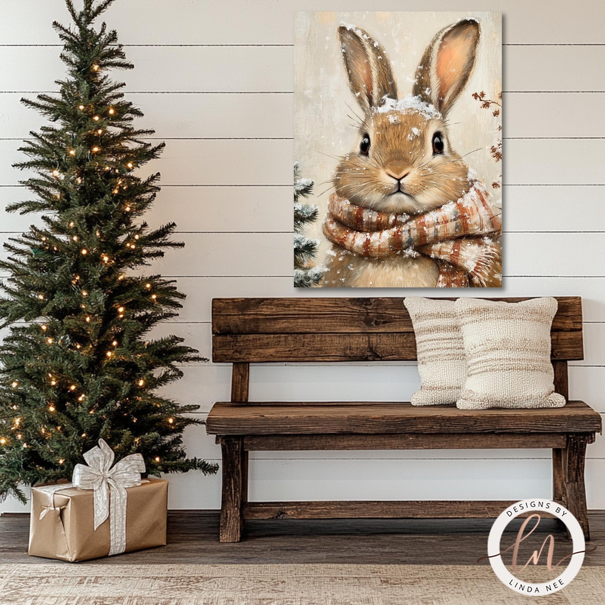 a cozy Christmas scene with a wooden bench, a decorated Christmas tree, and a large painting of a rabbit wearing a scarf.