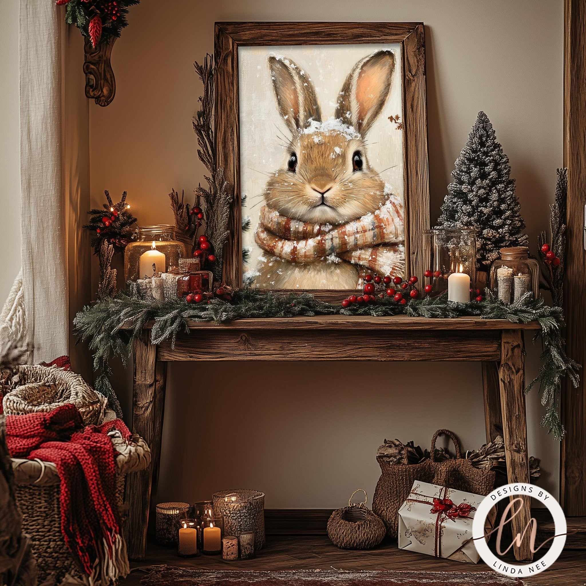 a cozy and festive scene with a wooden table adorned with holiday decorations, including a framed picture of a rabbit, candles, and a small Christmas tree. The table is surrounded by baskets and other holiday decor items, creating a warm and inviting atmosphere.