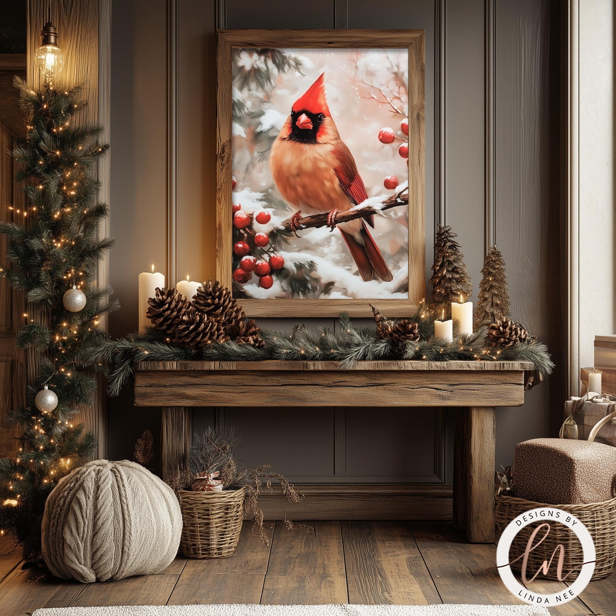 a framed photograph of a red cardinal perched on a branch, surrounded by pine cones, pine branches, and red berries, creating a festive and cozy atmosphere.