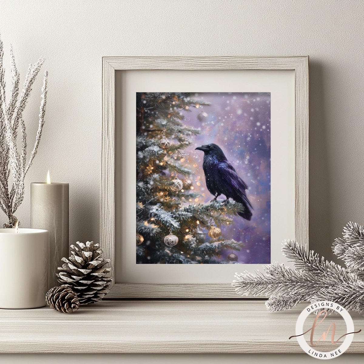 A framed photograph of a black crow perched on a Christmas tree, with a snowy background and twinkling lights.